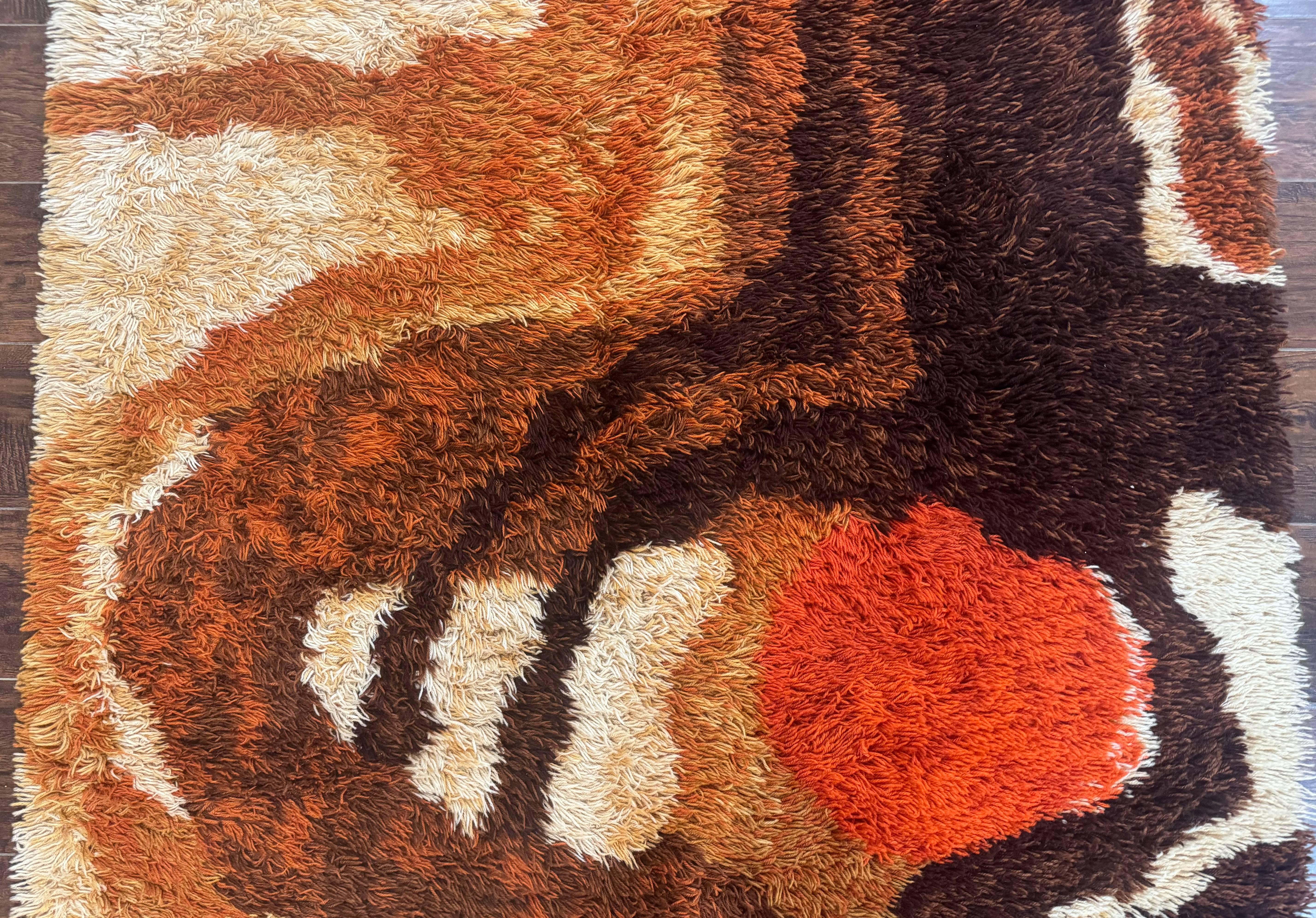 Danish Rya Shag Rug, Mid Century Modern Vintage Retro Abstract Carpet, 5x6, Shades of Brown Cream and Orange - Jewel Rugs
