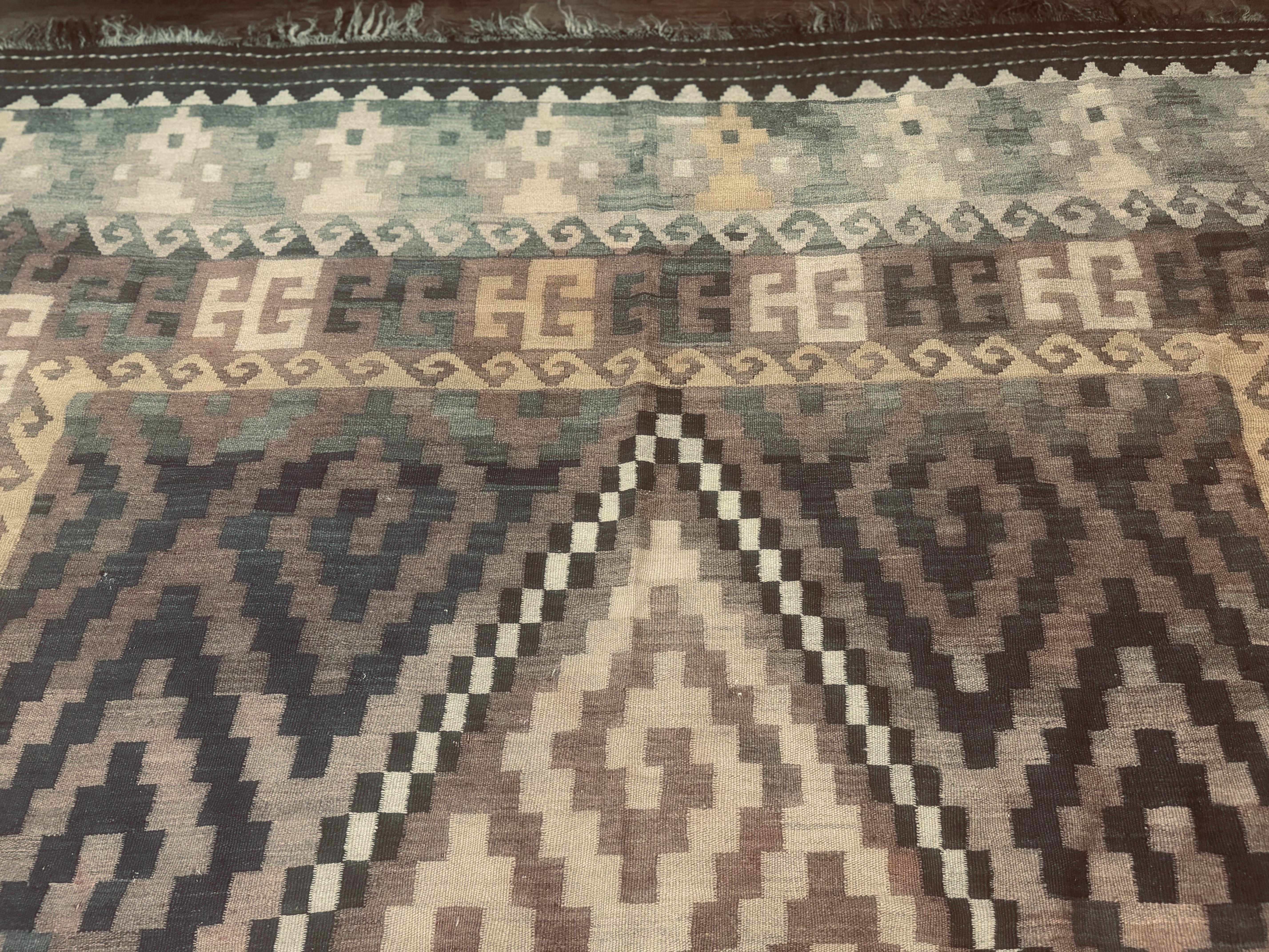 Antique Persian Tribal Kilim Rug 9x12, Zig Zag Pattern Kilim, Zarand Rug, Wool, Earth Tone Colors - Jewel Rugs