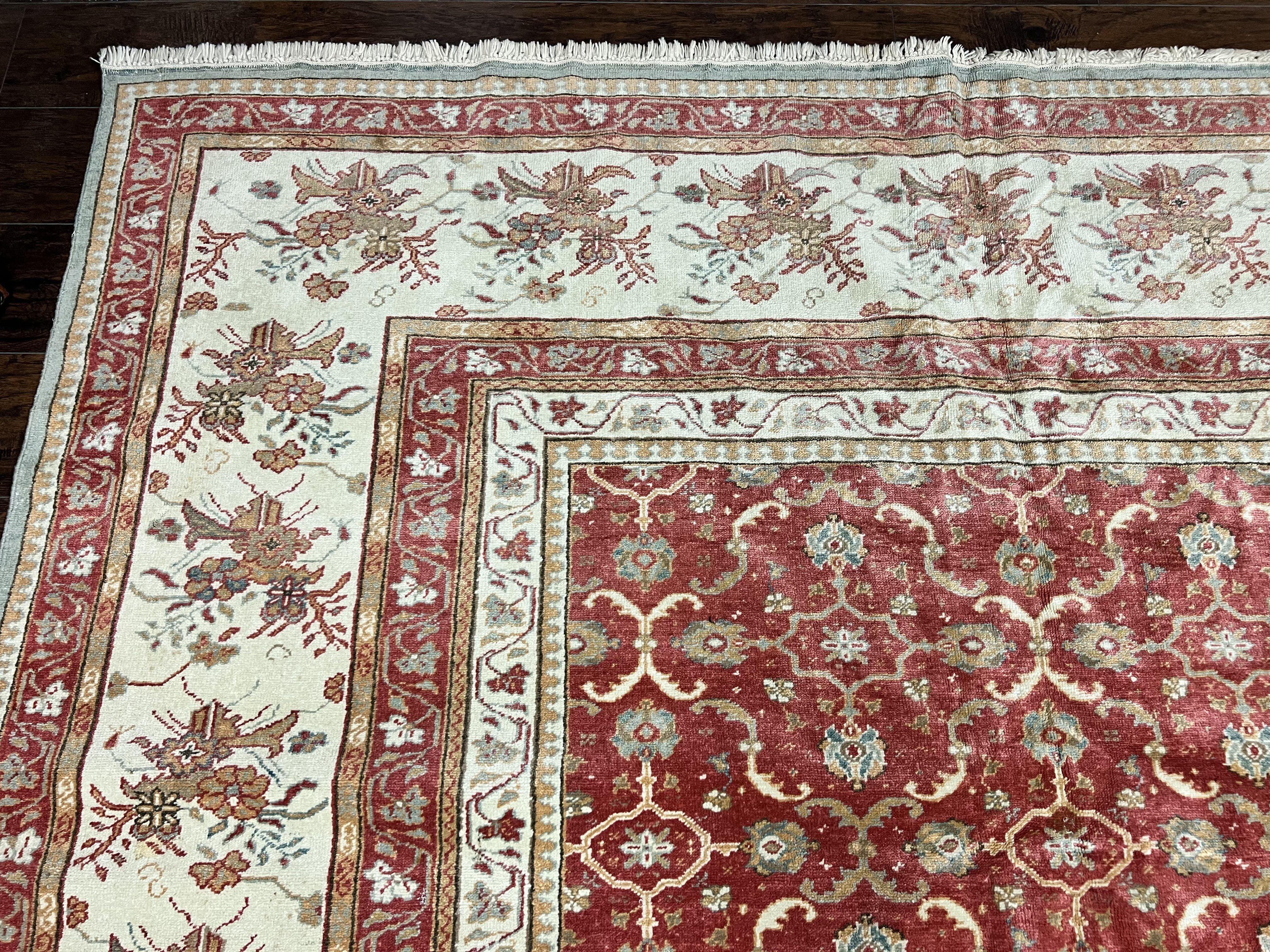 Turkish Oushak Rug 12x18, Wool Hand Knotted Vintage Carpet, Red & Oatmeal, 12 x 18 Palace SIze Handmade Oriental Rug - Jewel Rugs