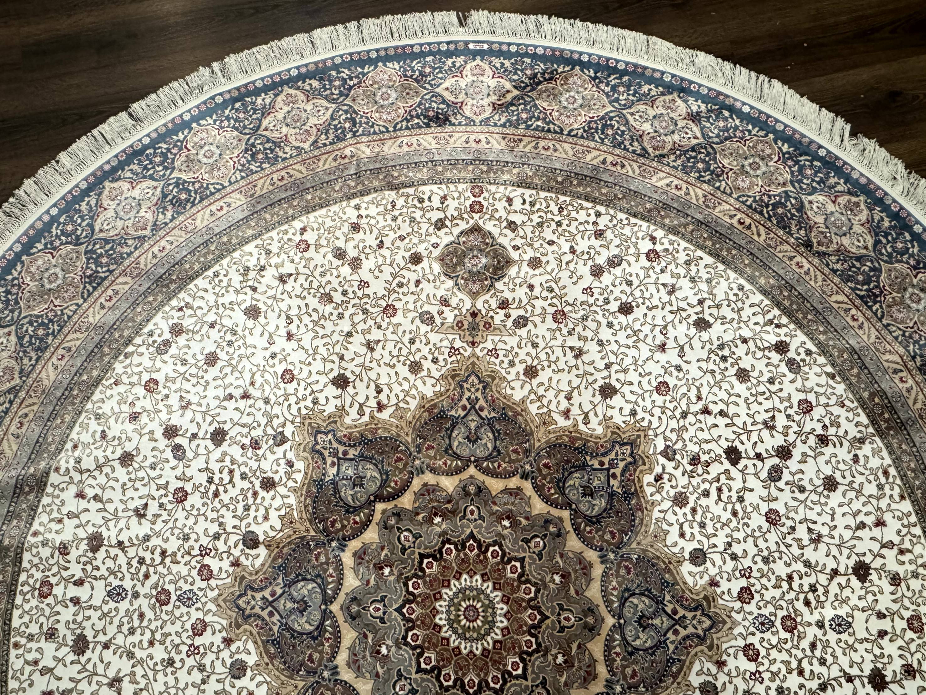 Large Turkish Round Silk Rug 8x8 ft, Floral Medallion, Ivory & Navy Blue, Bamboo Silk, New - Jewel Rugs