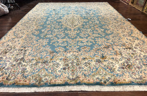 Persian Floral Kirman Rug 10x14, Antique Persian Carpet, Large Handmade Vintage Wool Rug, Sky Blue and Beige, Hand Knotted