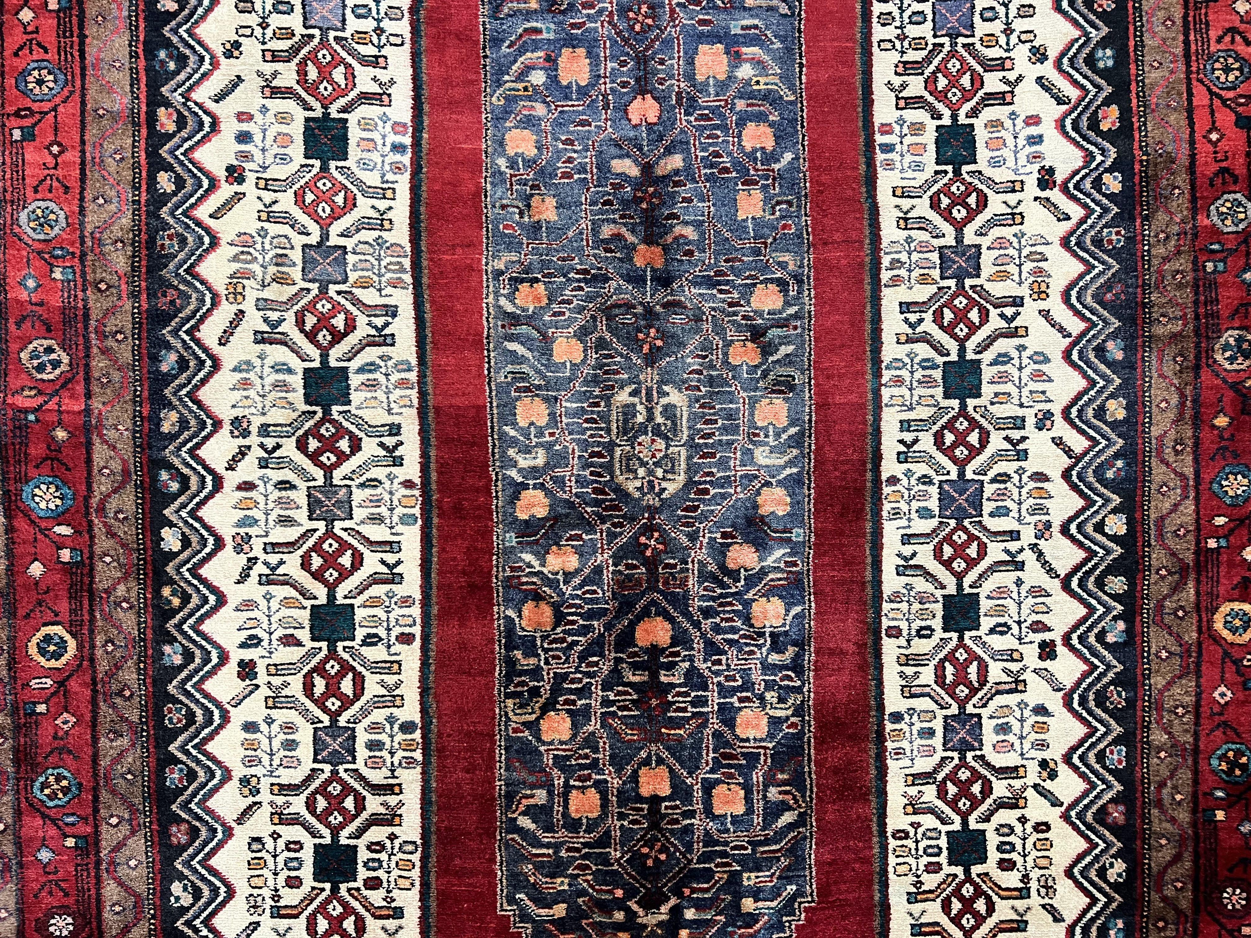 Persian Rug 5x12 ft, Red Cream Navy Blue, Pictorials, Hand Knotted Handmade Wide Runner Tribal Bidjar Semi Antique Wool Geometric Oriental Rug - Jewel Rugs