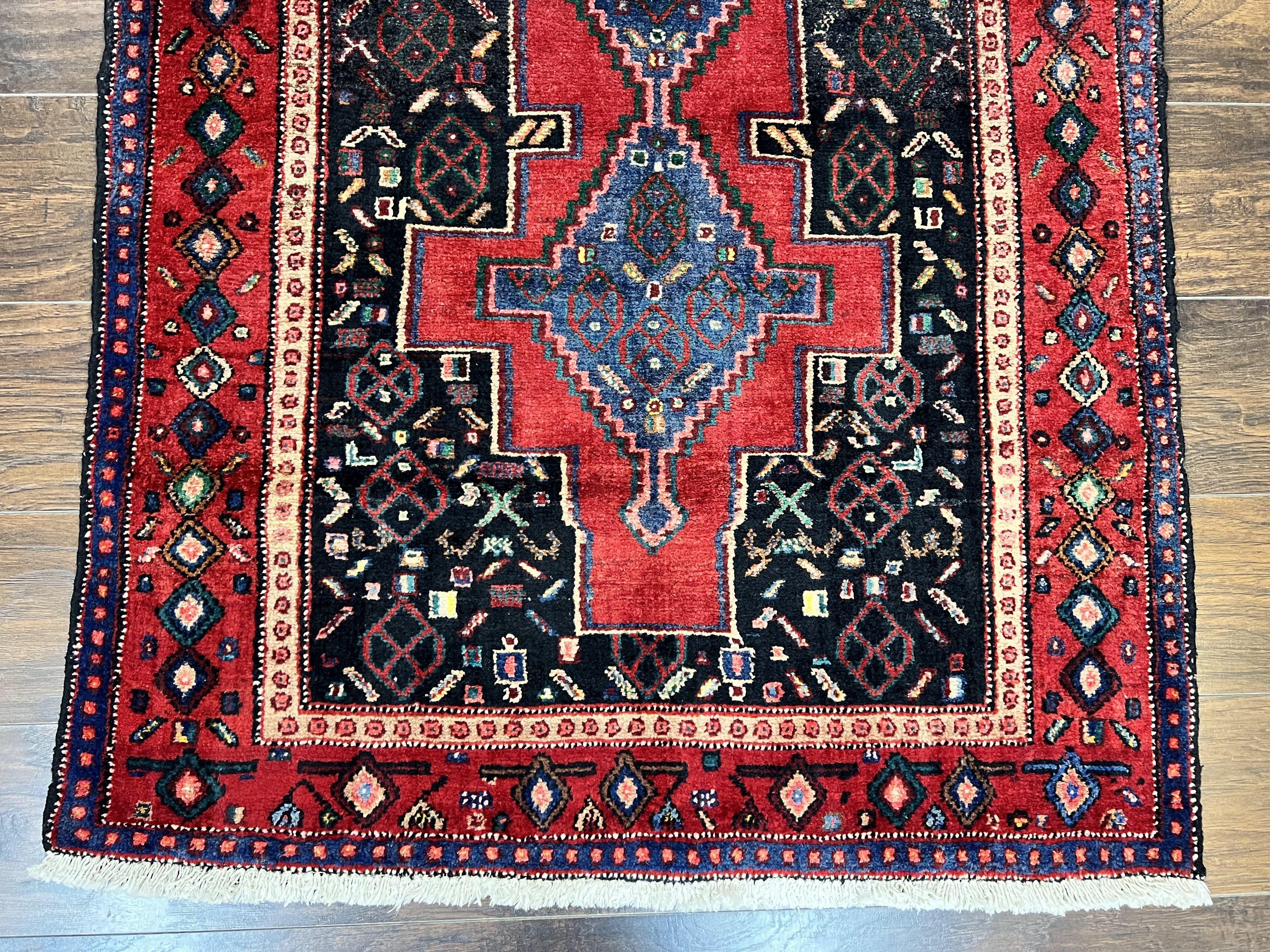 Persian Kurdish Senneh Runner Rug 3x9, Red Navy Blue, Medallions Wool Tribal Runner for Kitchen/Hallway 9ft Antique Handmade Oriental Runner - Jewel Rugs
