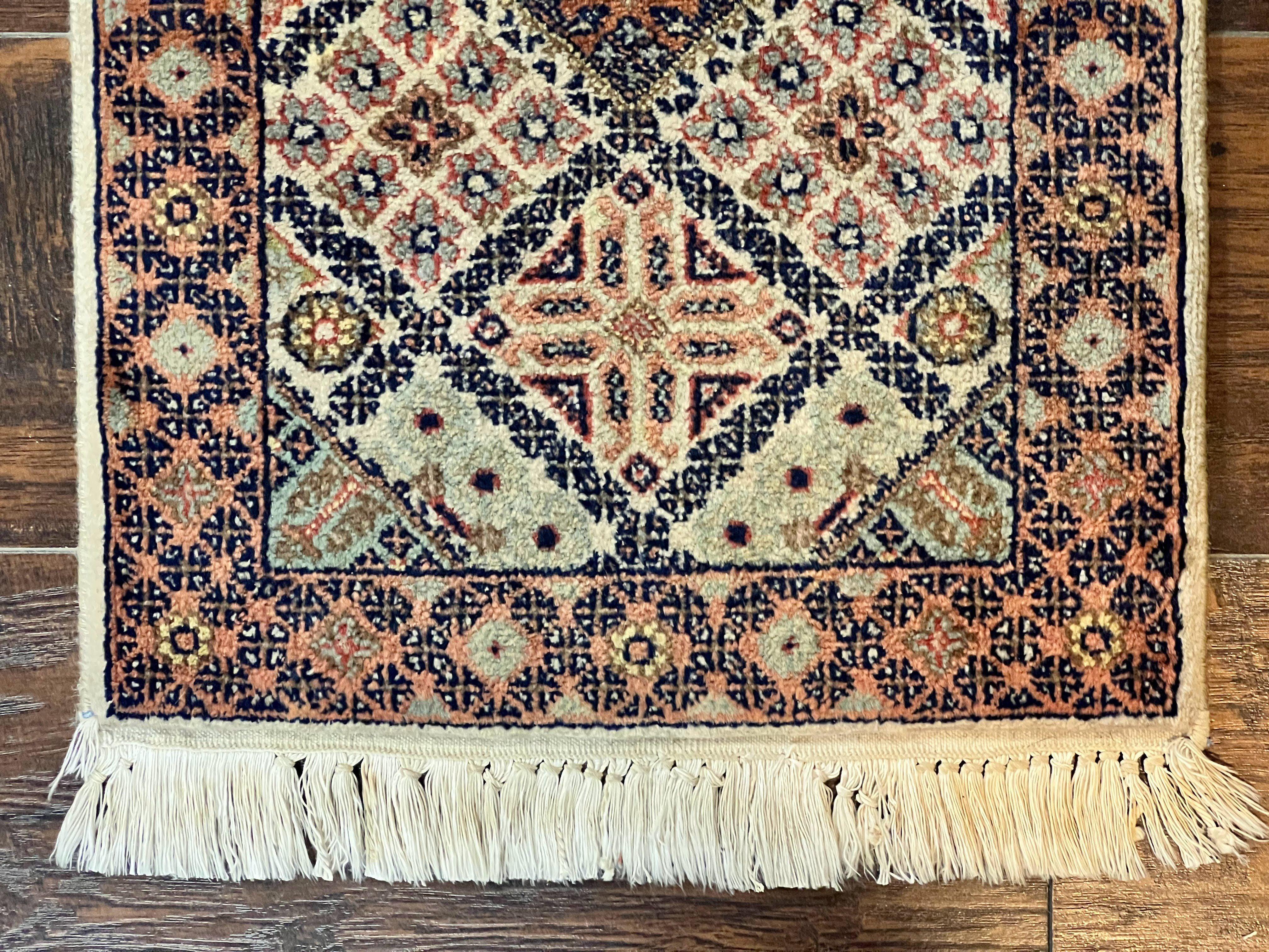 Small Indo Persian Rug 1.5 x 2, Hand Knotted Oriental Carpet, Wool Vintage Handmade, Cream Multicolor, Panel Design - Jewel Rugs