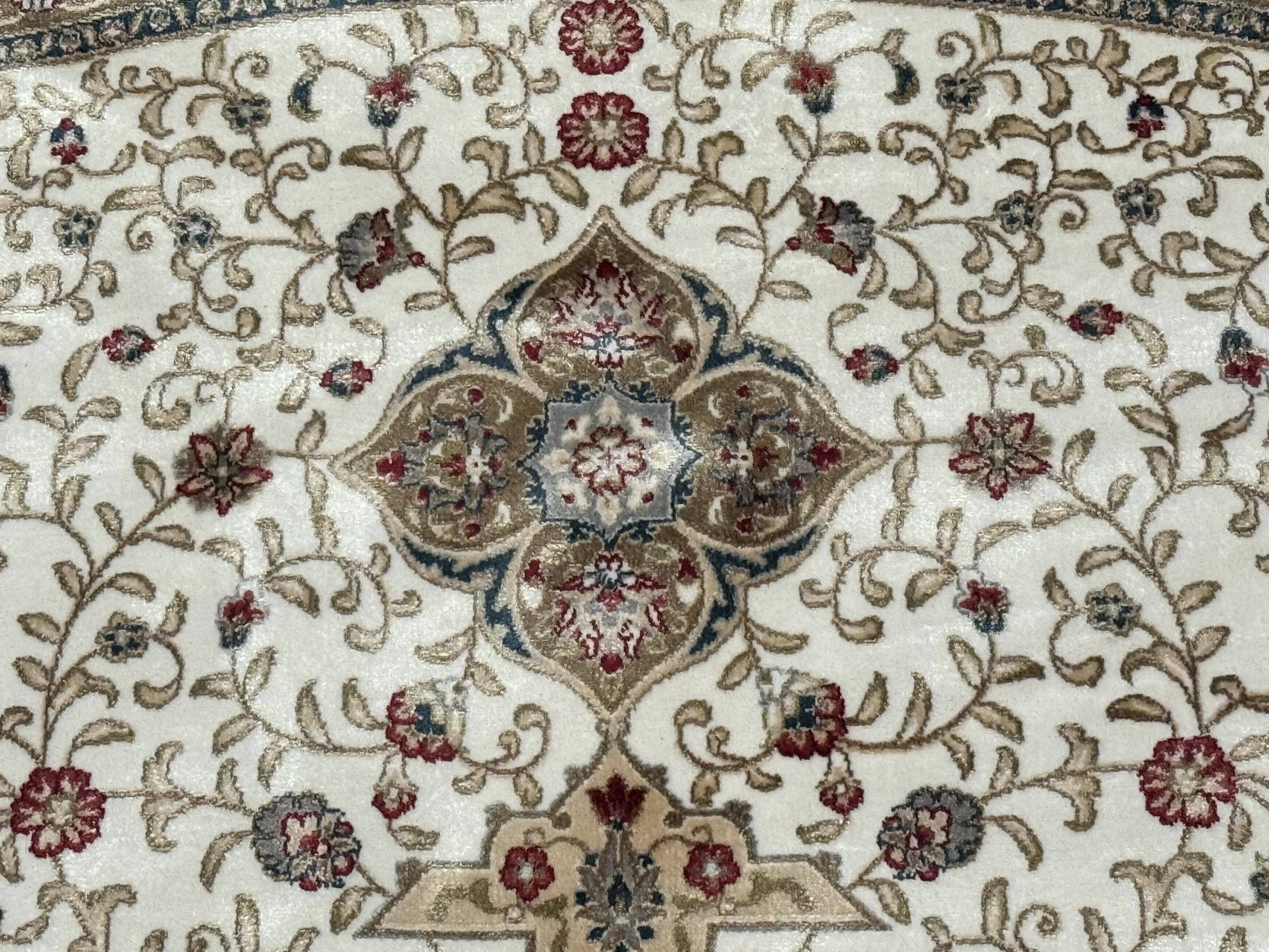 Large Turkish Round Silk Rug 8x8 ft, Floral Medallion, Ivory & Navy Blue, Bamboo Silk, New - Jewel Rugs