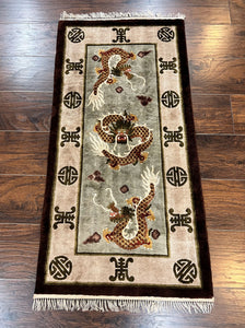 Silk Chinese Dragon Rug 2x4, Small Chinese Silk Carpet, Green, Hand Knotted Handmade Vintage Peking Carpet, Asian Oriental Rug 2 x 4
