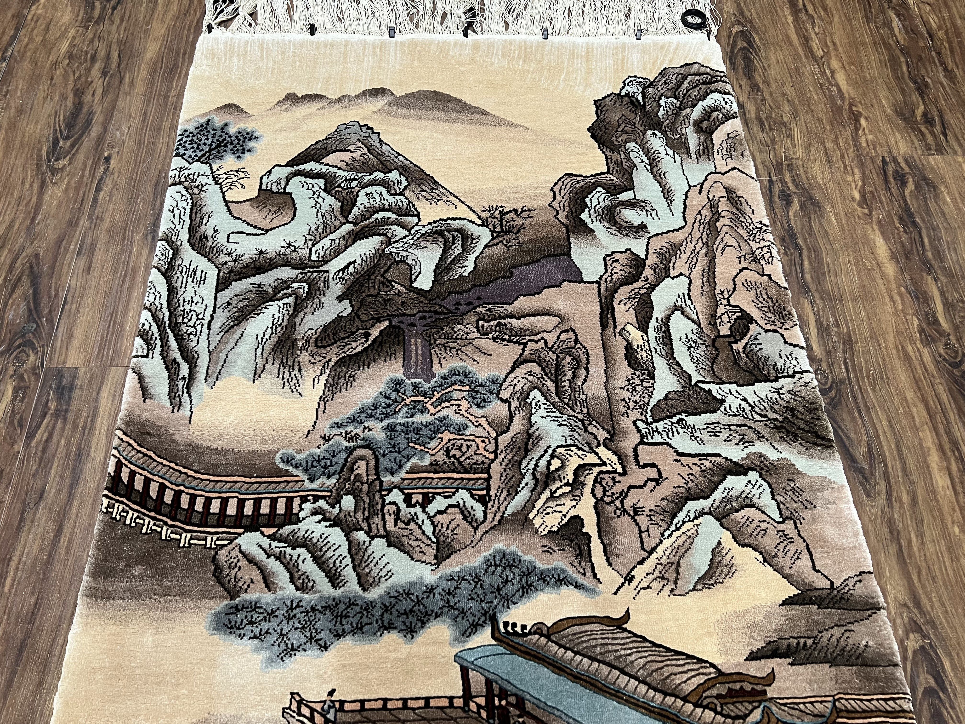 Silk Chinese Wall Hanging Rug 3x6 ft Tapestry, Pagoda Scene