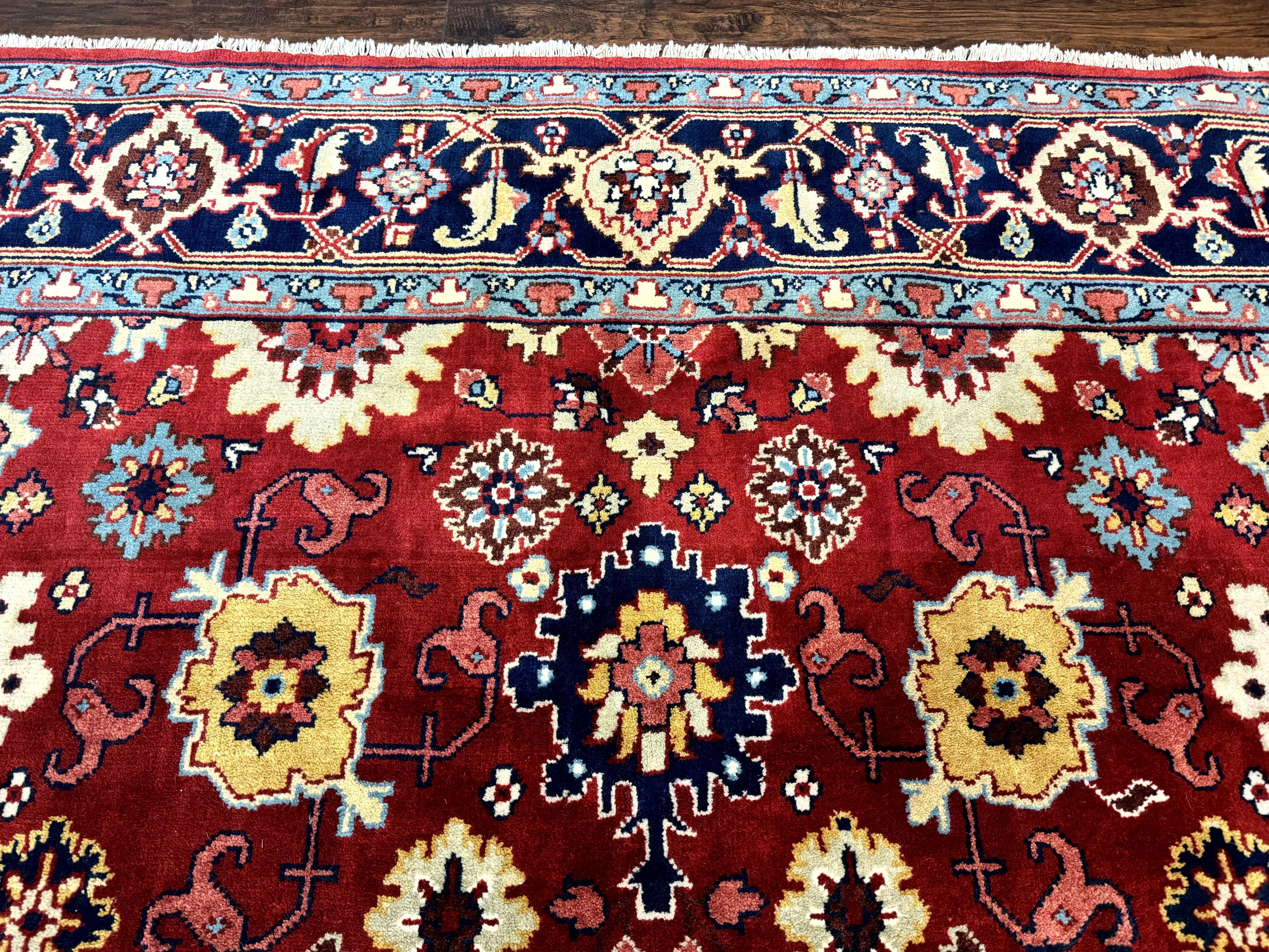 Indo Heriz Rug 8x10, Red and Navy Blue, Allover Pattern, Wool Handmade Carpet - Jewel Rugs