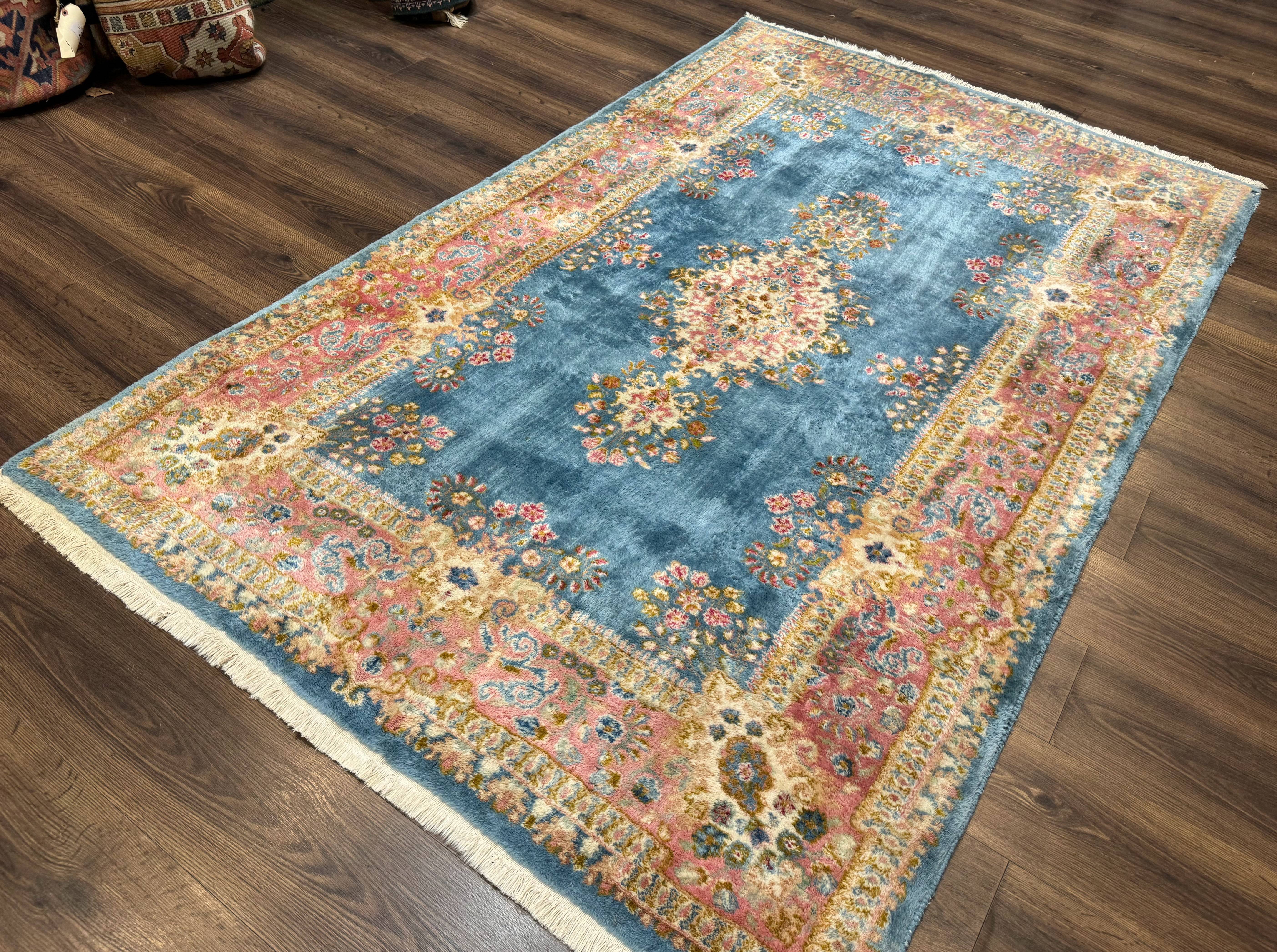 Persian Kerman Rug 5x8, Light Blue and Pink, Semi Open Field, Pastel Colors - Jewel Rugs