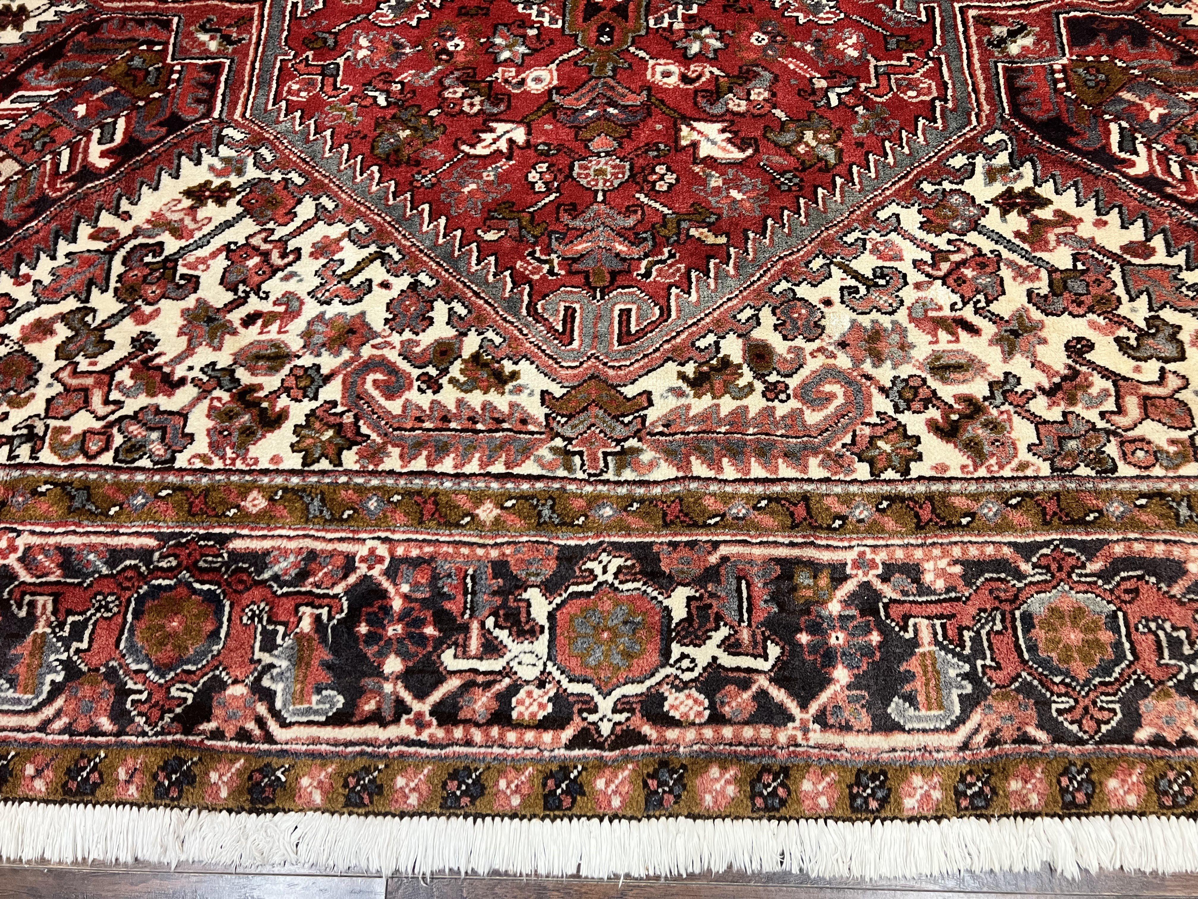 Large Persian Heriz Rug 10x13, Wool Hand Knotted Antique Carpet, Red and Ivory, Geometric Tribal Room Sized Rug, Decorative Oriental Rug - Jewel Rugs