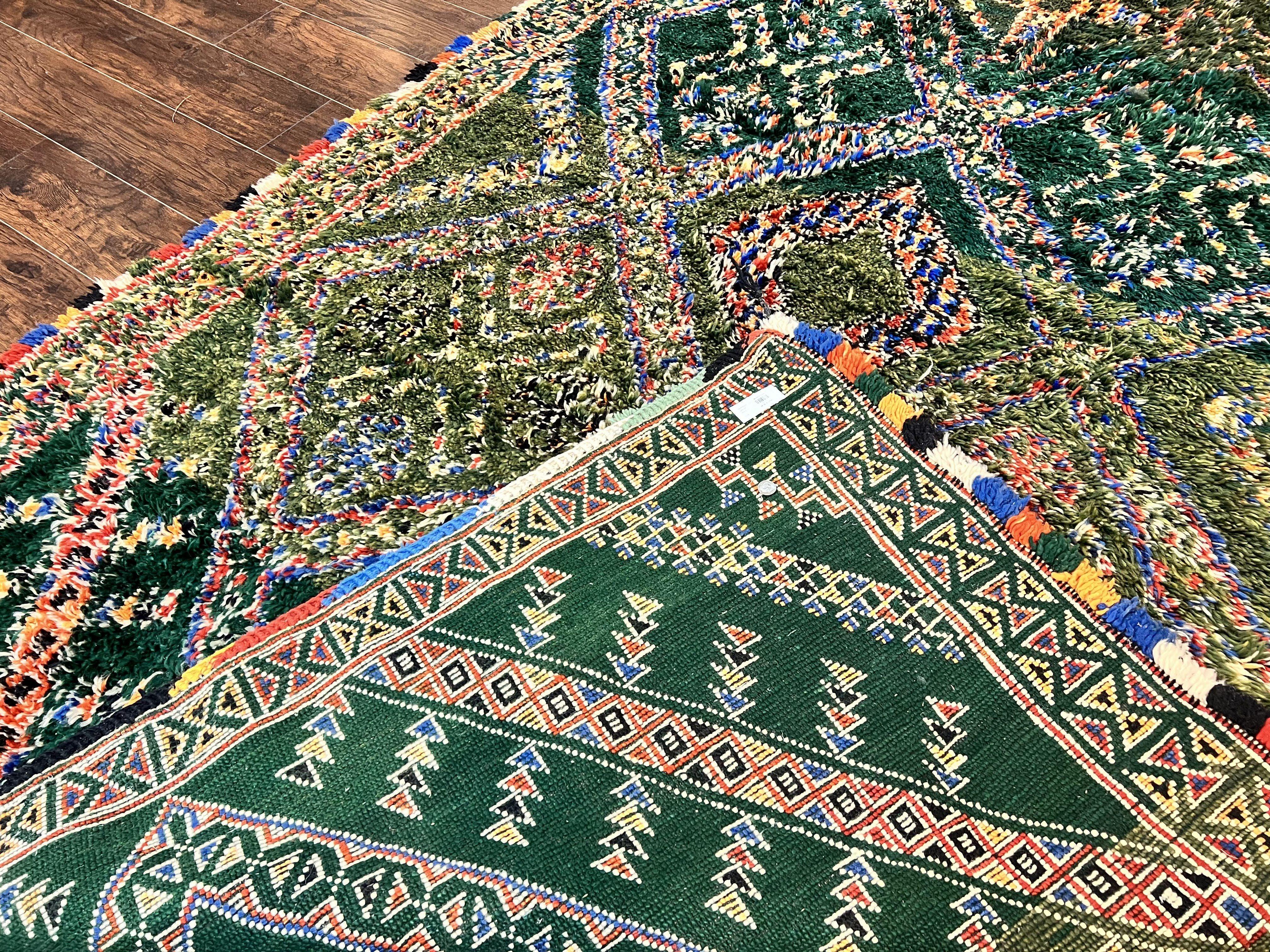 Large Moroccan Shag Rug 6x12, Green Multicolor Colorful Boho Rug, Handmade Hand Knotted Wool Carpet, Geometric Design, Vintage Rug - Jewel Rugs