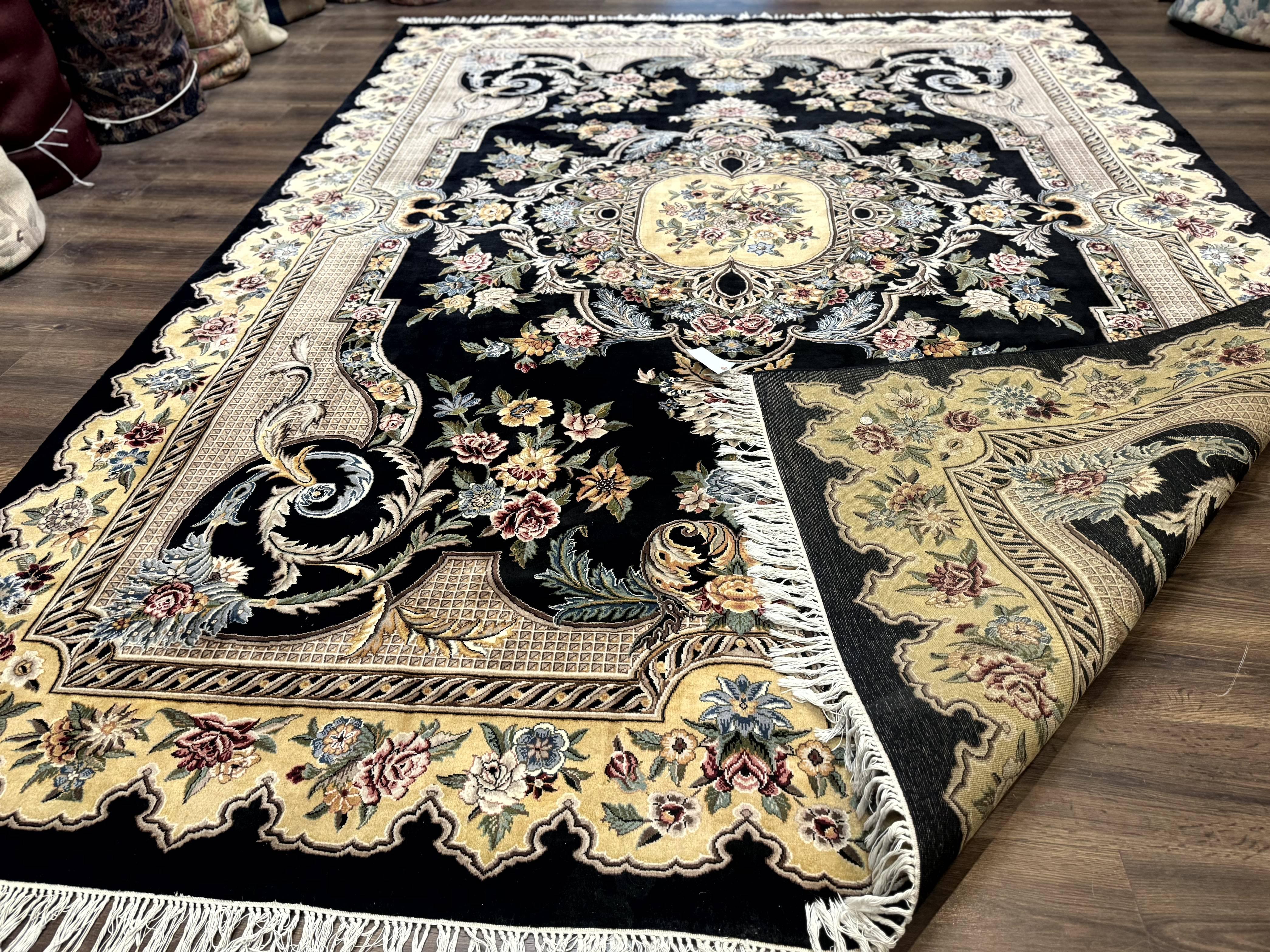Aubusson Rug 9x12, Black and Beige, Floral, Elegant Handmade French European Design Carpet - Jewel Rugs