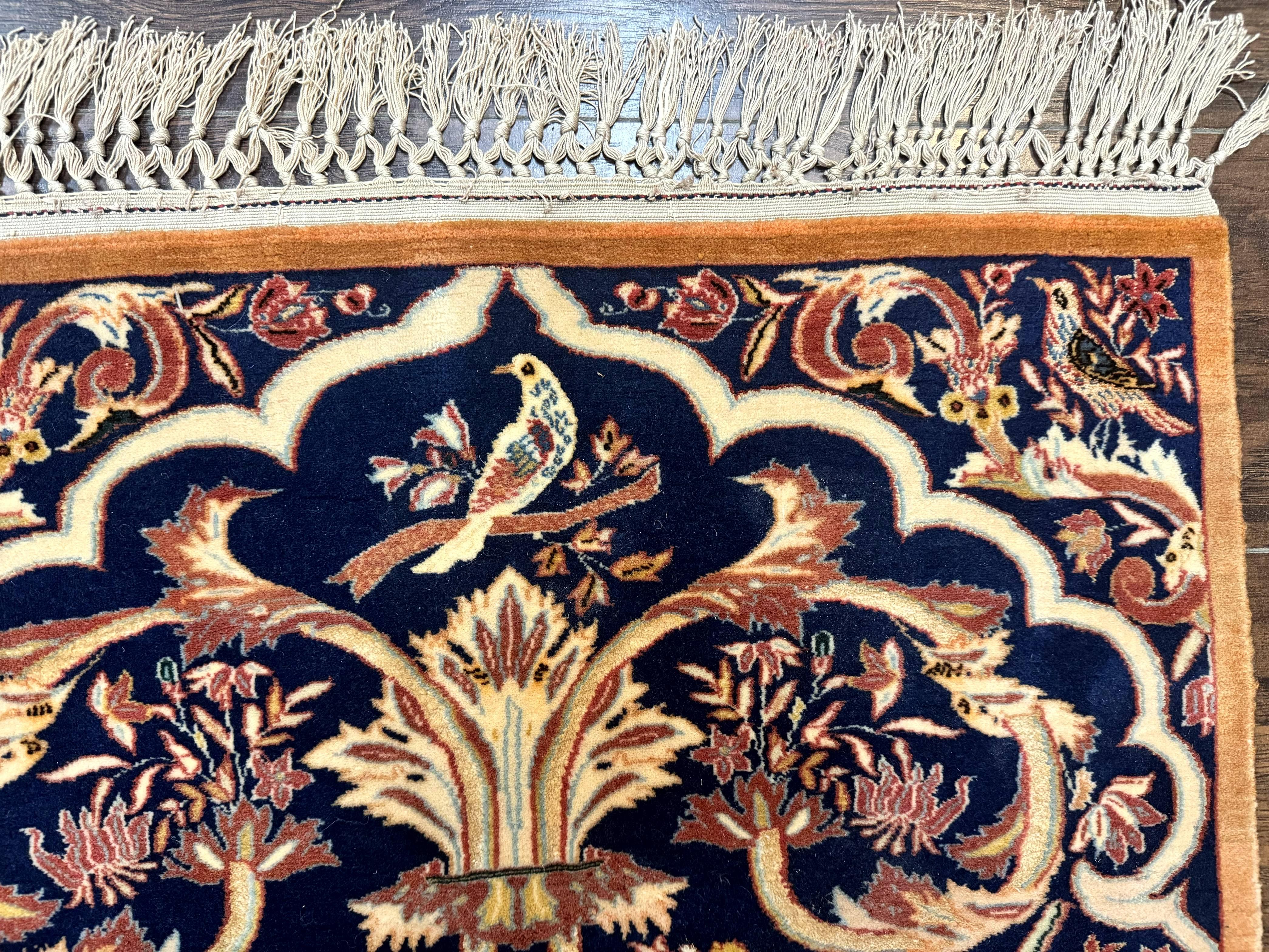 Persian Isfahan Rug 2x4, Birds, Navy Blue, Kork Wool on Silk Foundation, 460 KPSI - Jewel Rugs