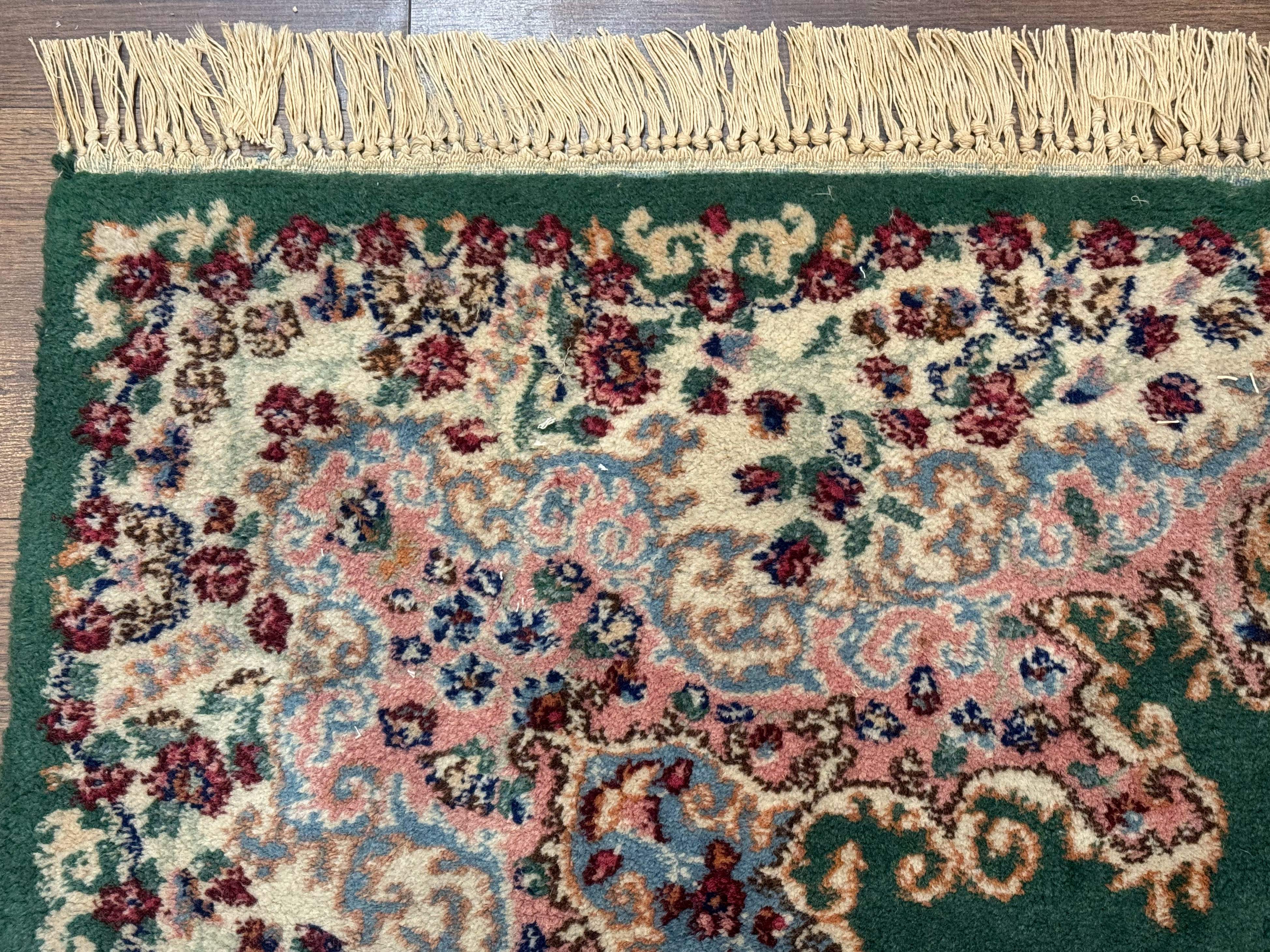 Persian Kerman Rug 4x6, Green Ivory Pink, Wool Vintage, Semi Open Field - Jewel Rugs