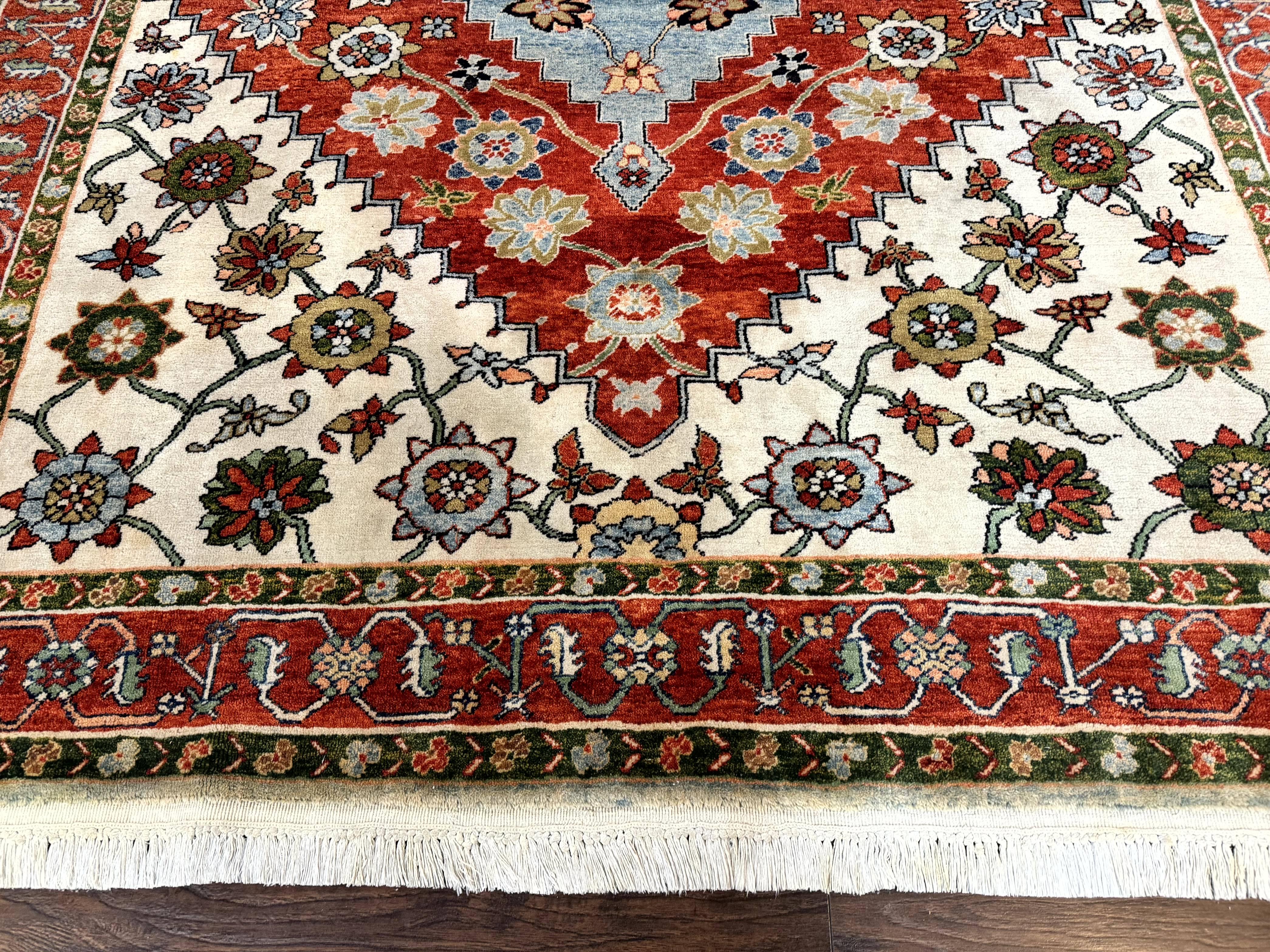 Indo Persian Heriz Rug 7x9, Geometric Pattern, Cream & Light Red, Handmade Vintage Wool Carpet - Jewel Rugs