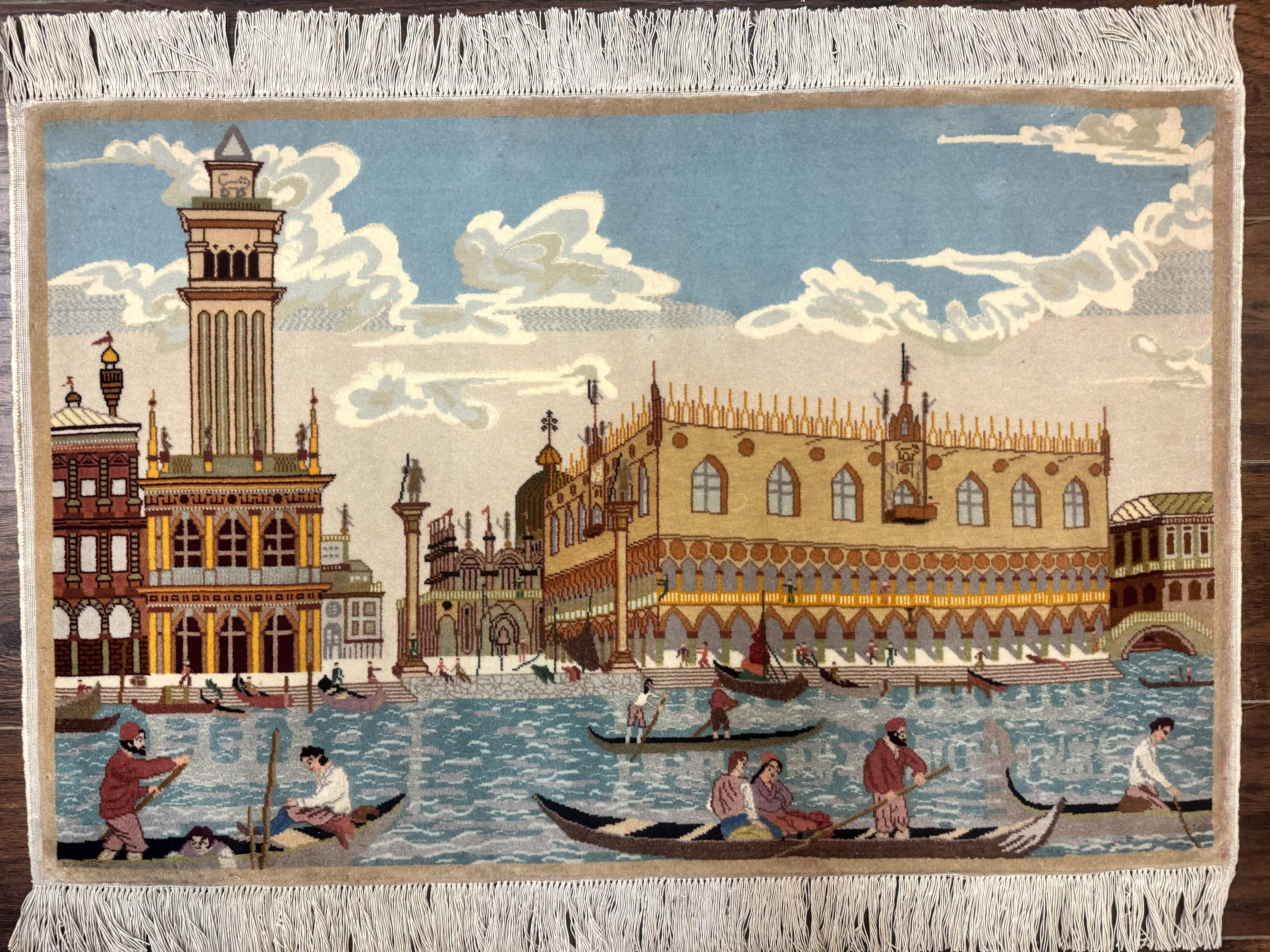 Persian Tabriz Pictorial Rug 2x3, Small Rug, Rug for Wall Hanging, Boat & River Scene, Finely Hand Knotted, 50 Raj, 330 KPSI, Wool - Jewel Rugs