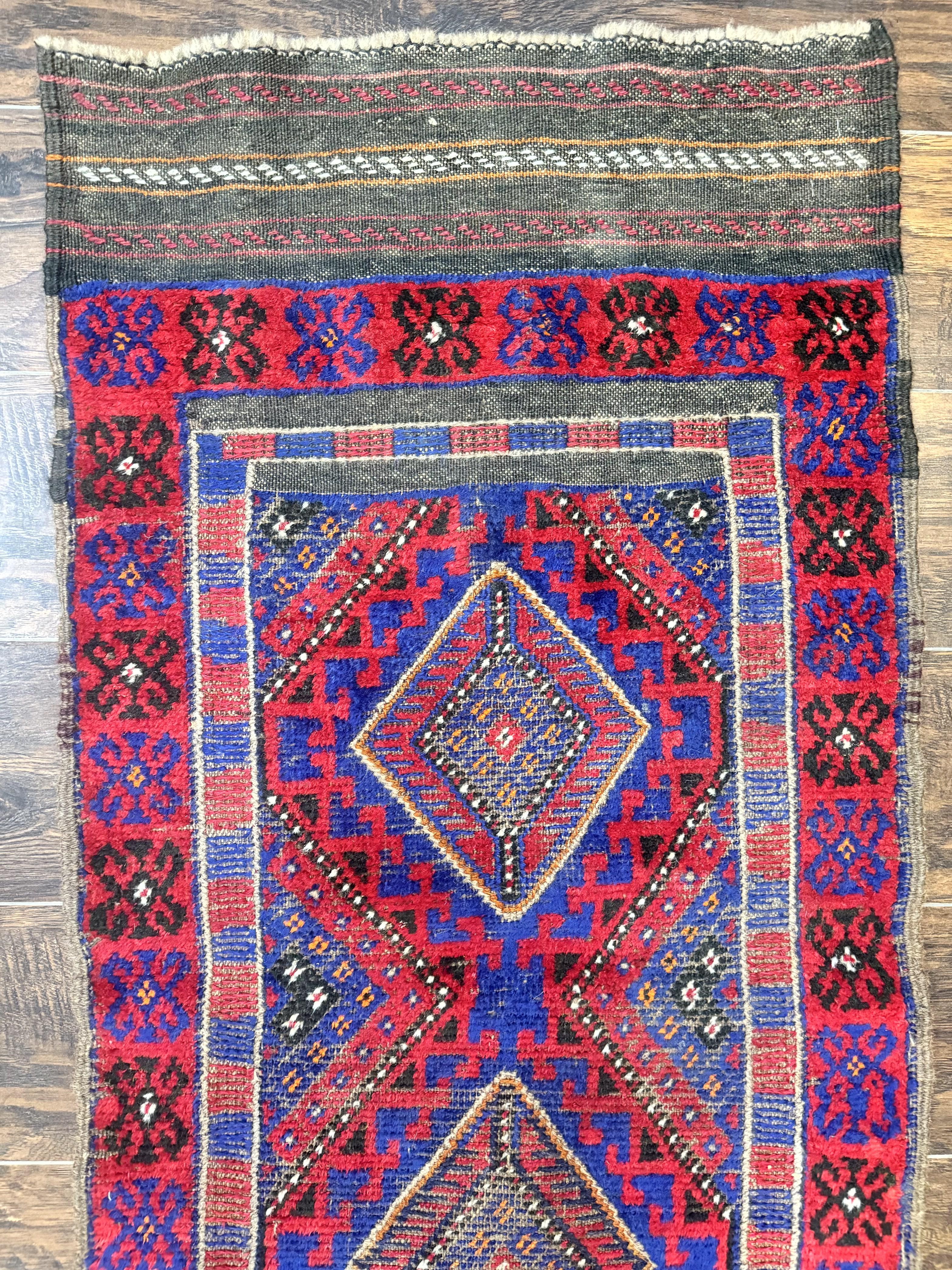 Turkoman Runner Rug 2 x 8.6, Skinny Runner, Handmade Wool Carpet for Hallway, Red and Blue, Wool, Vintage 8ft Runner - Jewel Rugs