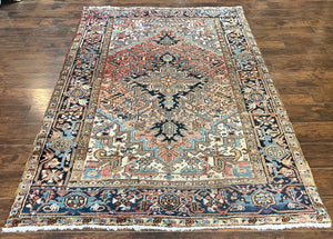 Antique Persian Heriz Rug 6x8, Geometric Medallion, 1920s Oriental Carpet, Handmade Wool Rug