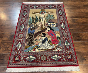 Persian Pictorial Rug 3x5, Persian Kashan Rug, Rare Christian Rug, Jesus on Cross, Hand Knotted Vintage Wool Carpet, Hanging Oriental Rug, Tan Dark Red, Unique
