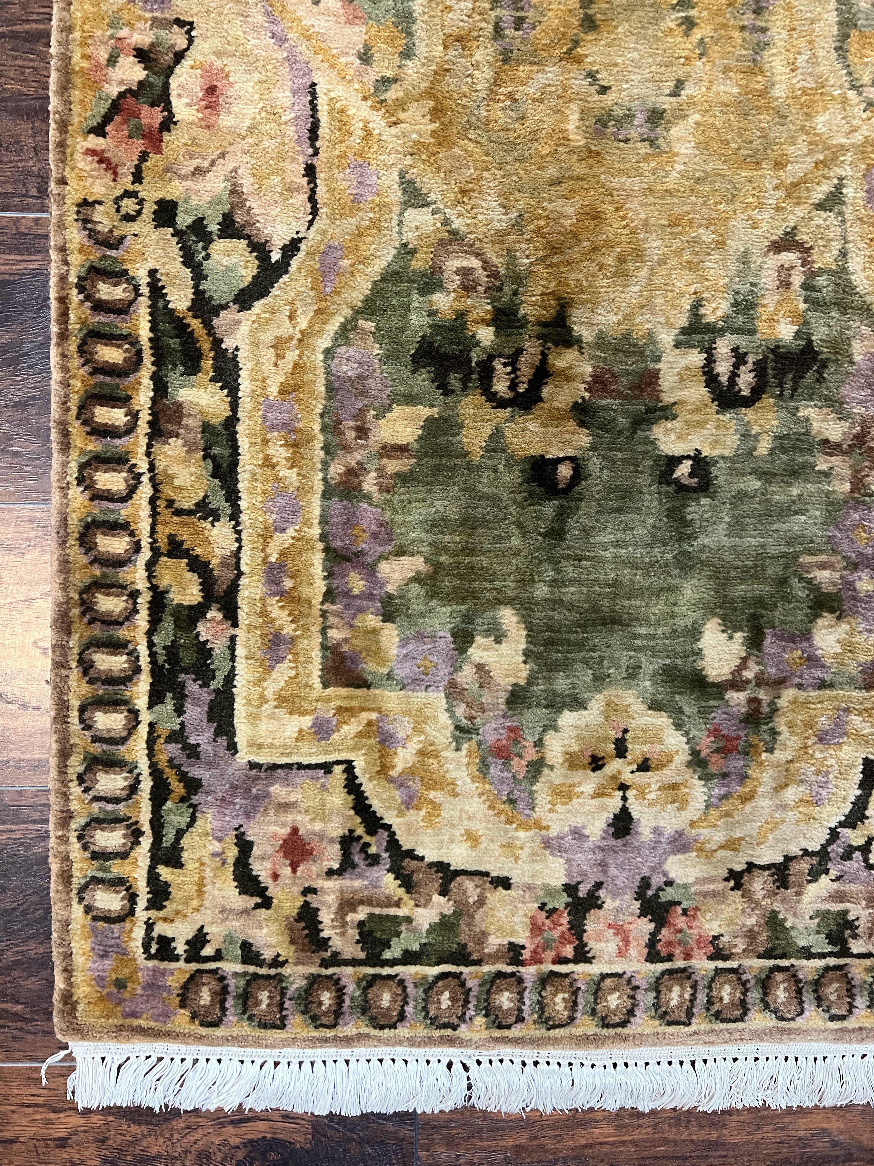 Tibetan Runner Rug 2.6 x 10, French Aubusson Pattern, Gold Olive Green, Vintage Handmade European Design, Wool Hallway Rug - Jewel Rugs