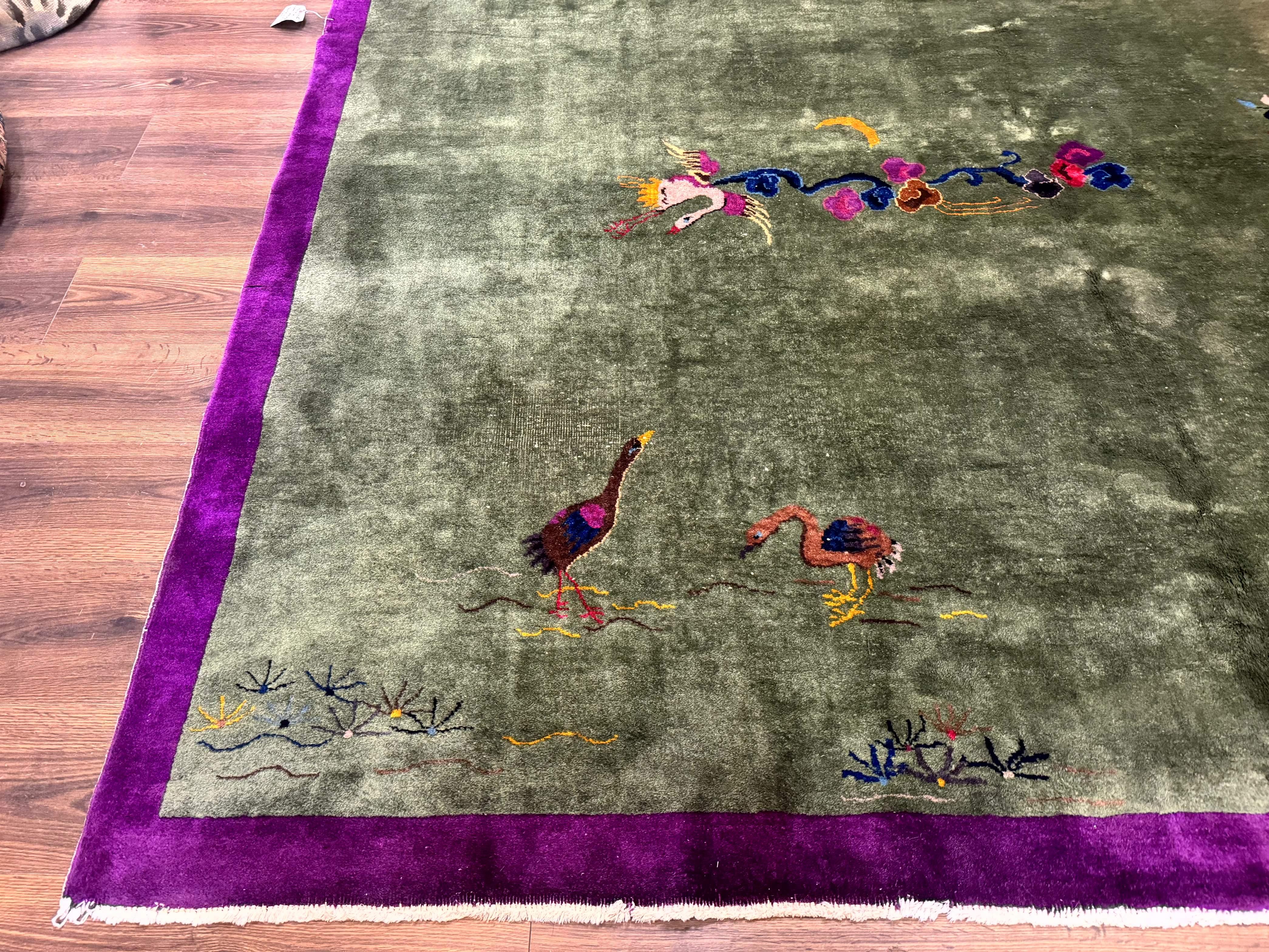 Antique Chinese Nichols Rug 9x12 - Rare Green and Purple Art Deco Carpet - Jewel Rugs