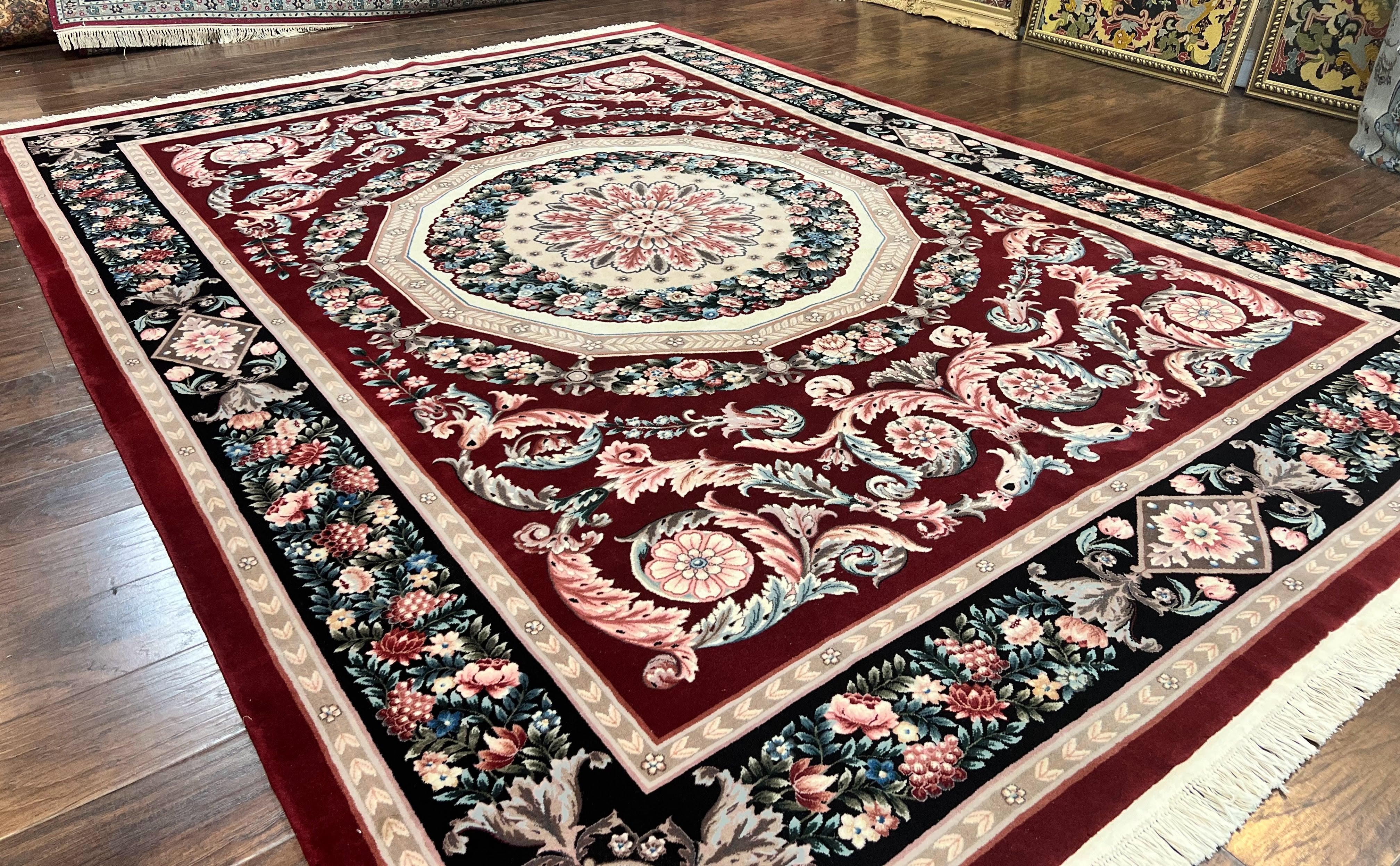 Chinese Aubusson Rug 9x12, Burgundy, Handmade Vintage Wool Carpet, Fine 210 KPSI, Elegant European Design - Jewel Rugs