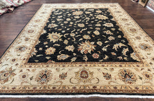 Pakisani Peshawar Rug 8x10, Dark Brown and Beige, Hand Knotted Vintage Wool Carpet, Floral, Traditional Rug