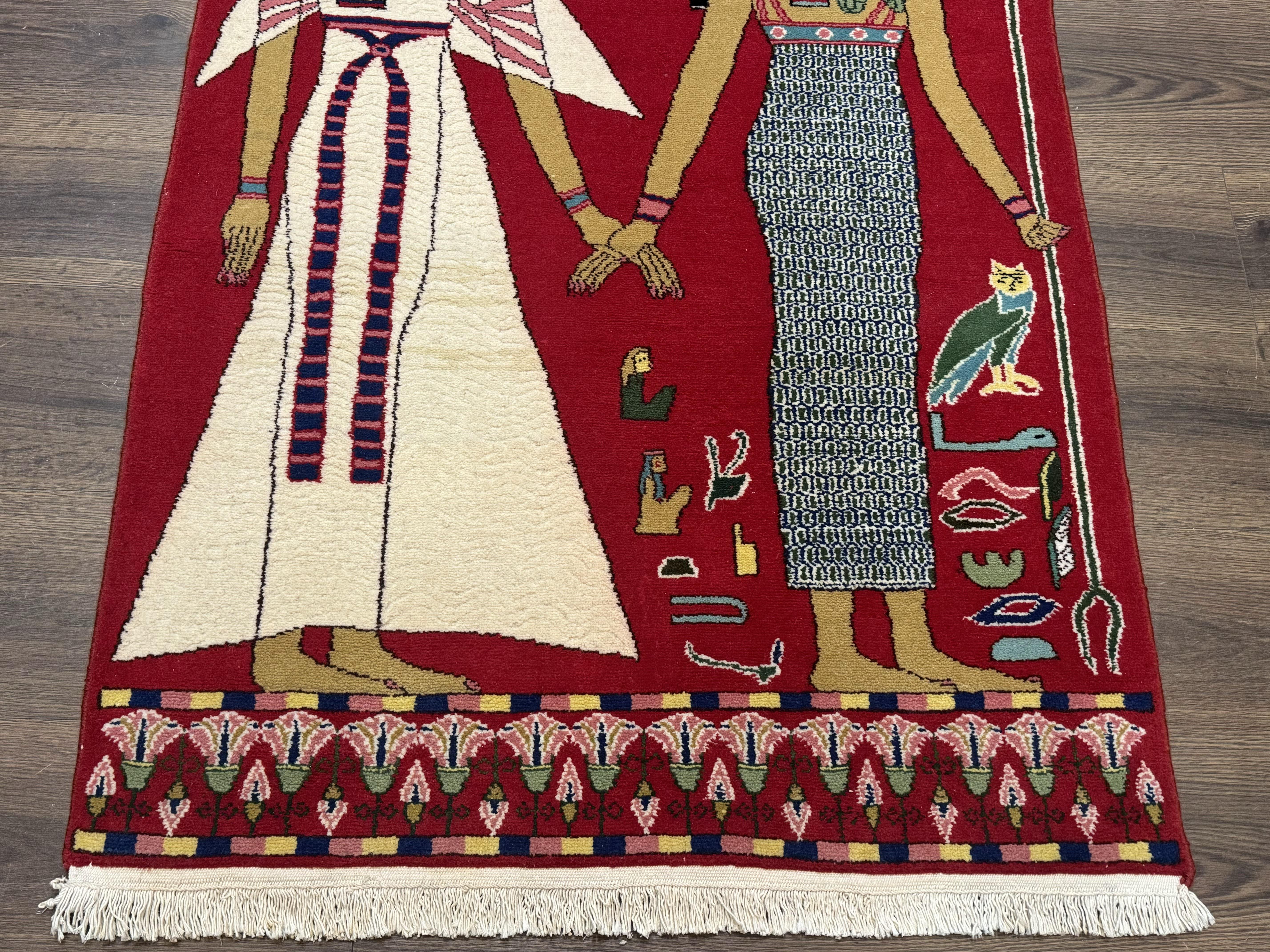Egyptian Pictorial Rug 3x4, Hieroglyphic Pictorial Rug, Egyptian Prince and Princess, Cleopatra, Vintage Handmade, Red - Jewel Rugs