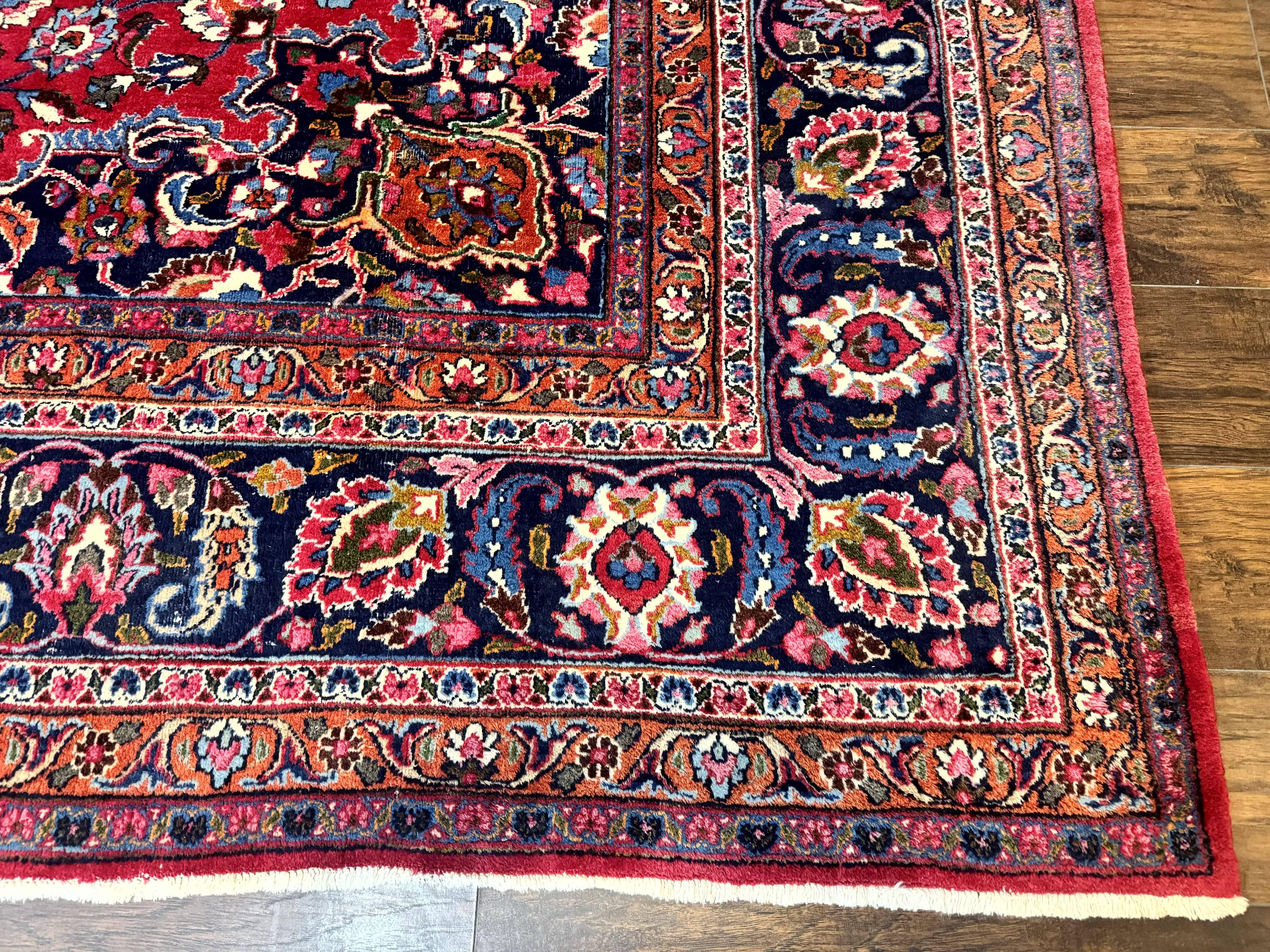 Antique Persian Mashad Rug 10x13, Red and Navy Blue, Great Colors, Signed By Masterweaver, Floral Medallion, Handmade Wool Persian Carpet - Jewel Rugs