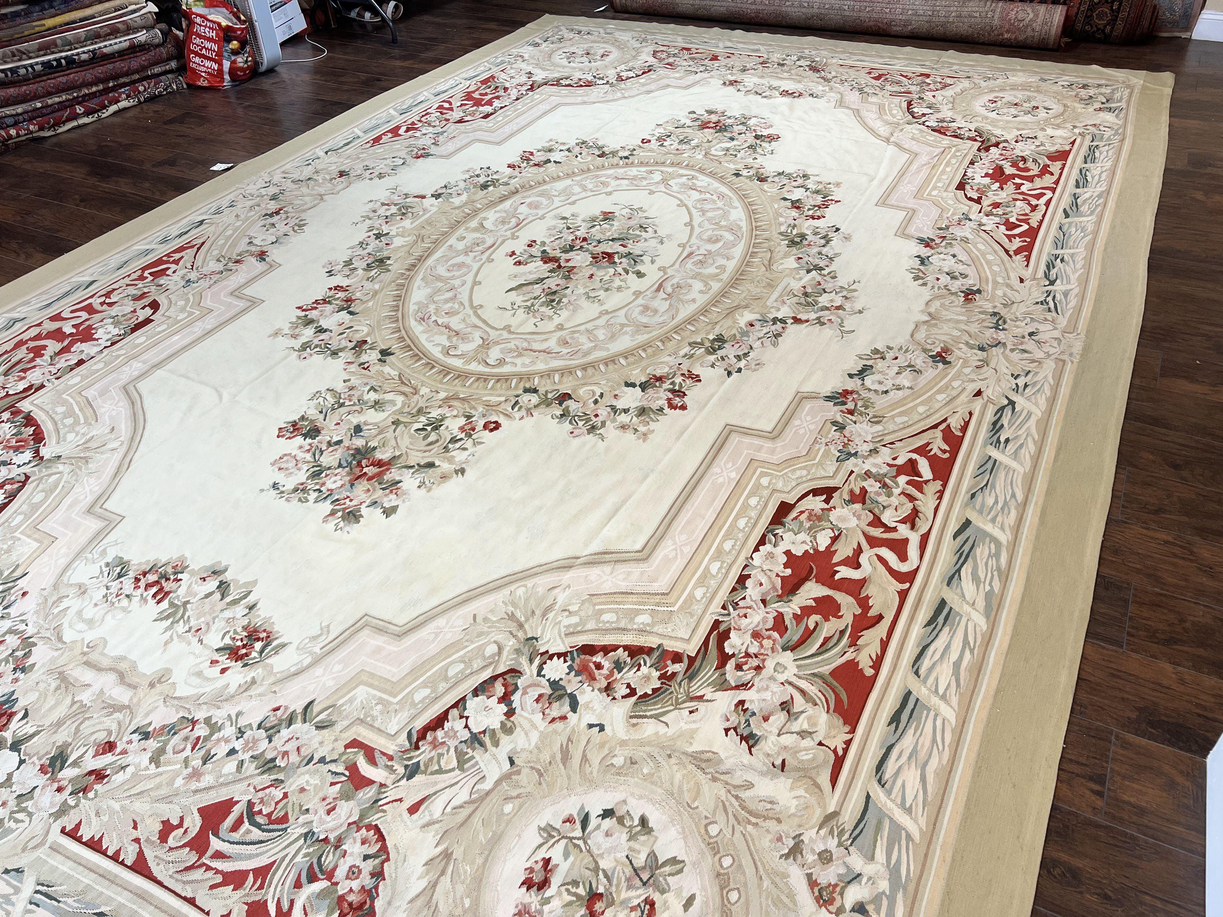 Large Aubusson Rug 11x17, Wool Handmade Vintage Carpet, Ivory Beige, French European Elegant Design, Palace Size Rug - Jewel Rugs