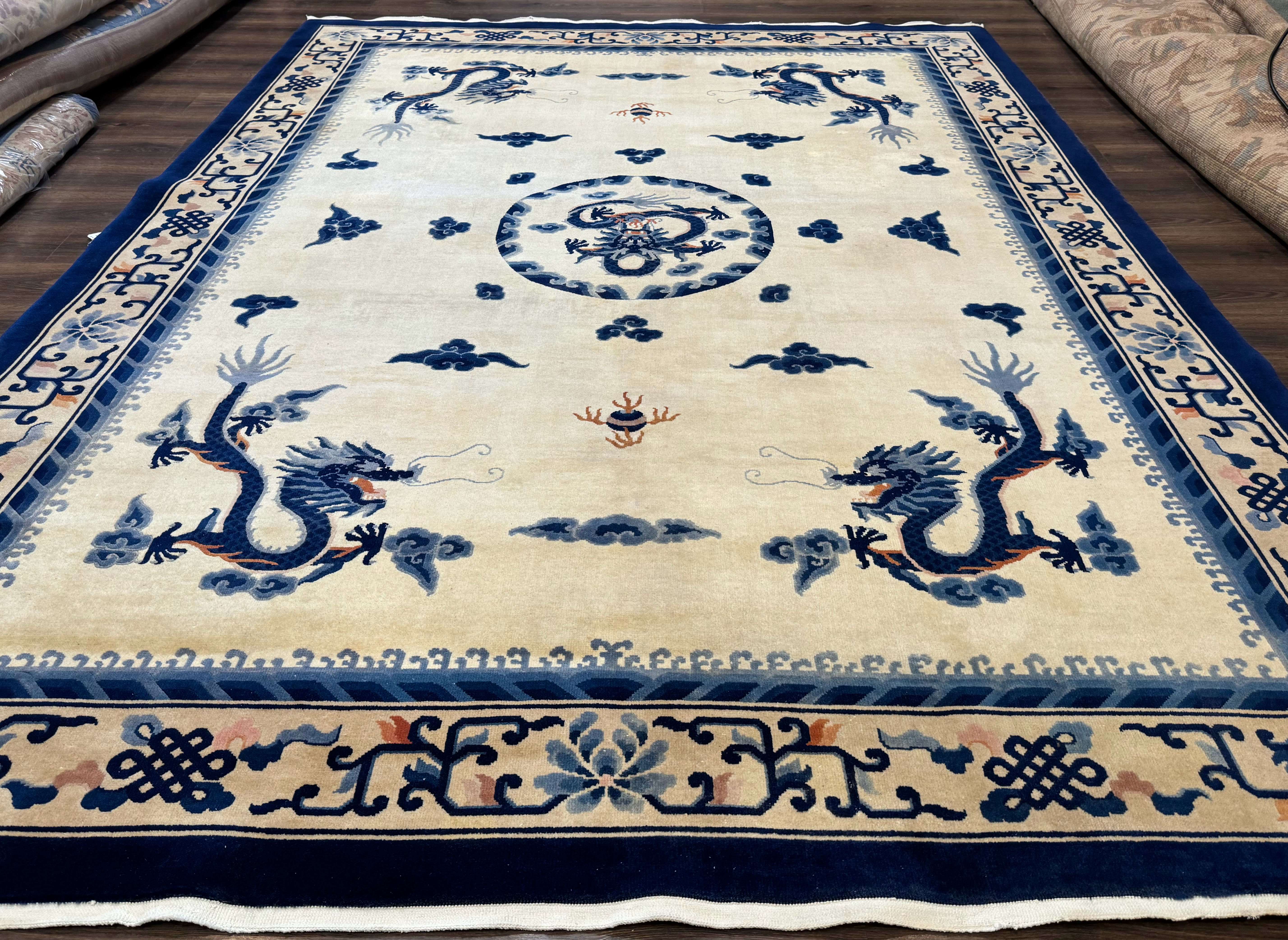 Chinese Dragon Peking Rug 8 x 11.6, Ivory and Blue, Chinese Wool Rug, Vintage - Jewel Rugs