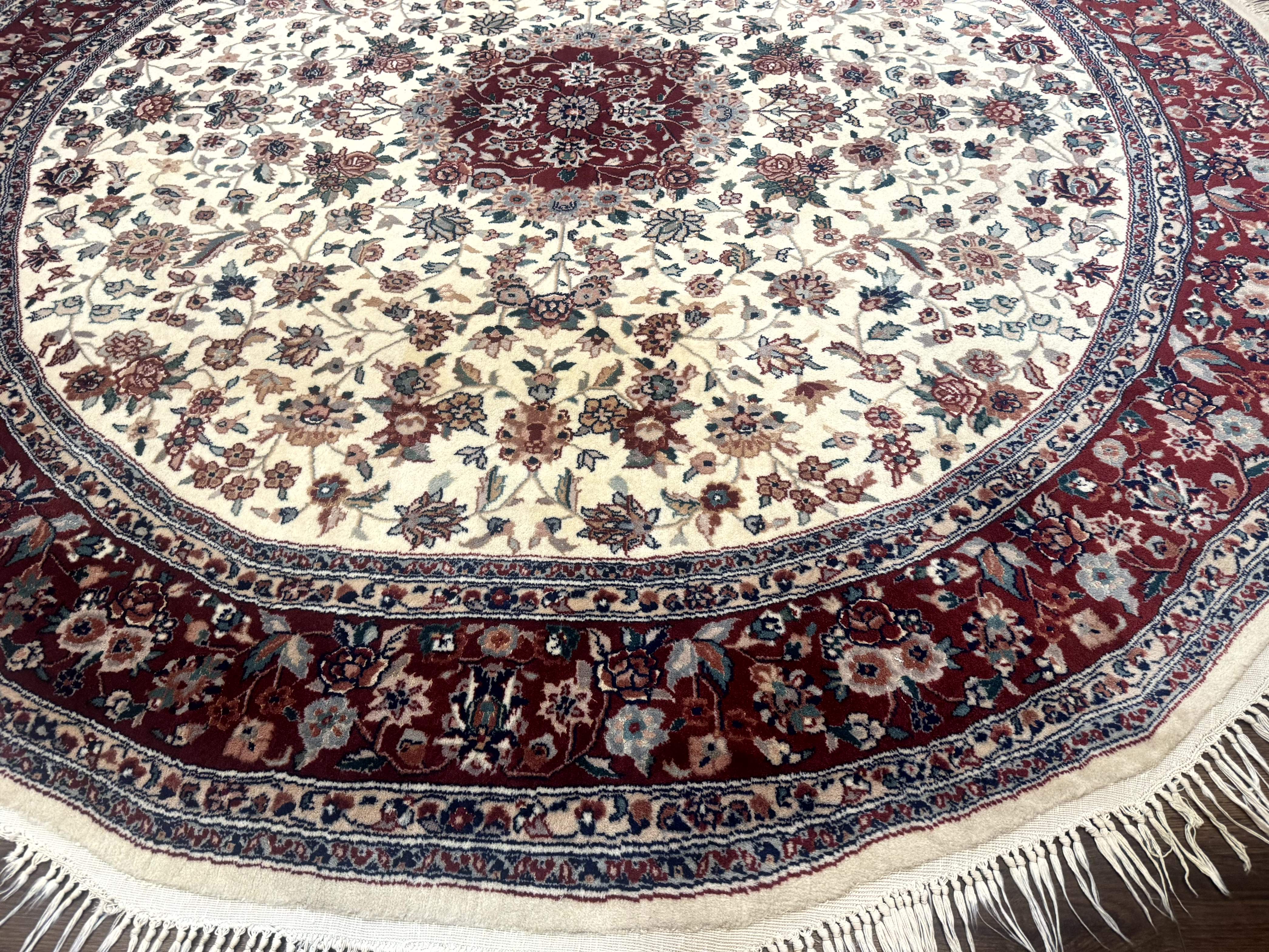 Round Sino Persian Rug 8x8, Wool and Silk, Floral Medallion, Ivory Dark Red - Jewel Rugs