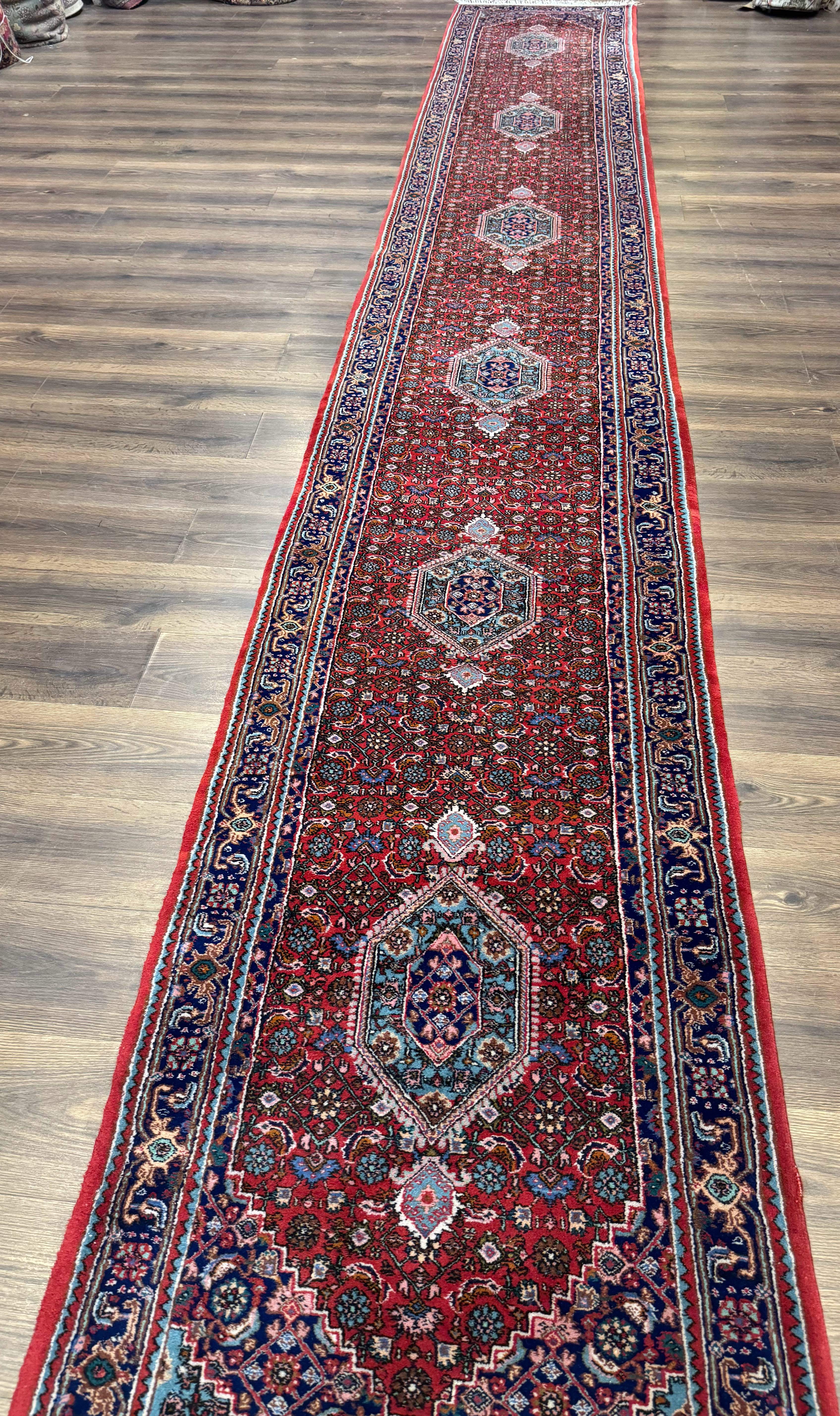 Indo Persian Bidjar Runner Rug 3 x 18.6, Red Navy Blue, Long Runner, Wool Oriental Carpet - Jewel Rugs