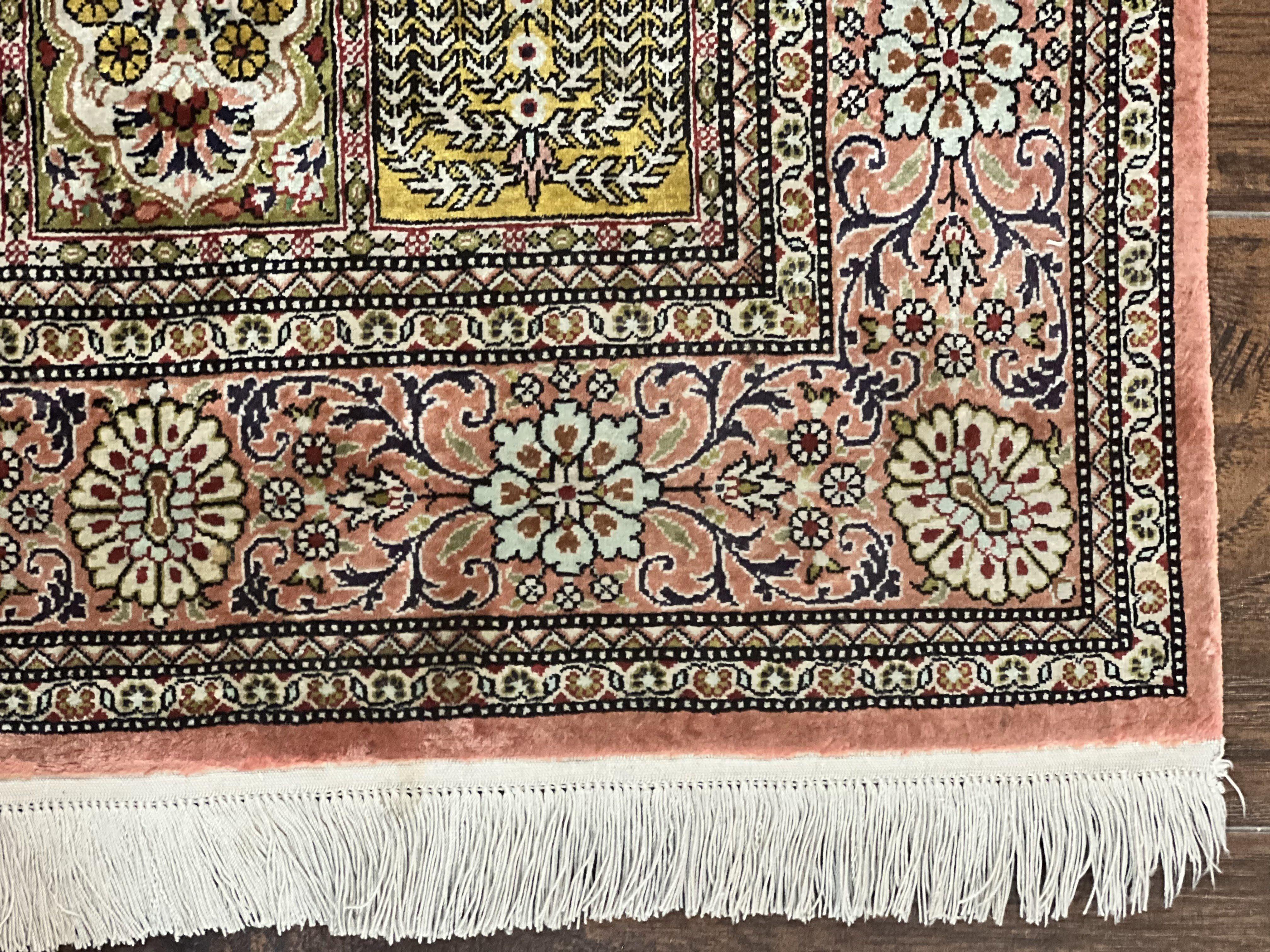 Magnificent Persian Silk Rug 3.7 x 5, Persian Qum Rug, Panel Design, Kheshti Garden, Extremely Fine 650 KPSI - 70 Raj, Hand Knotted, Vintage, Multicolor - Jewel Rugs