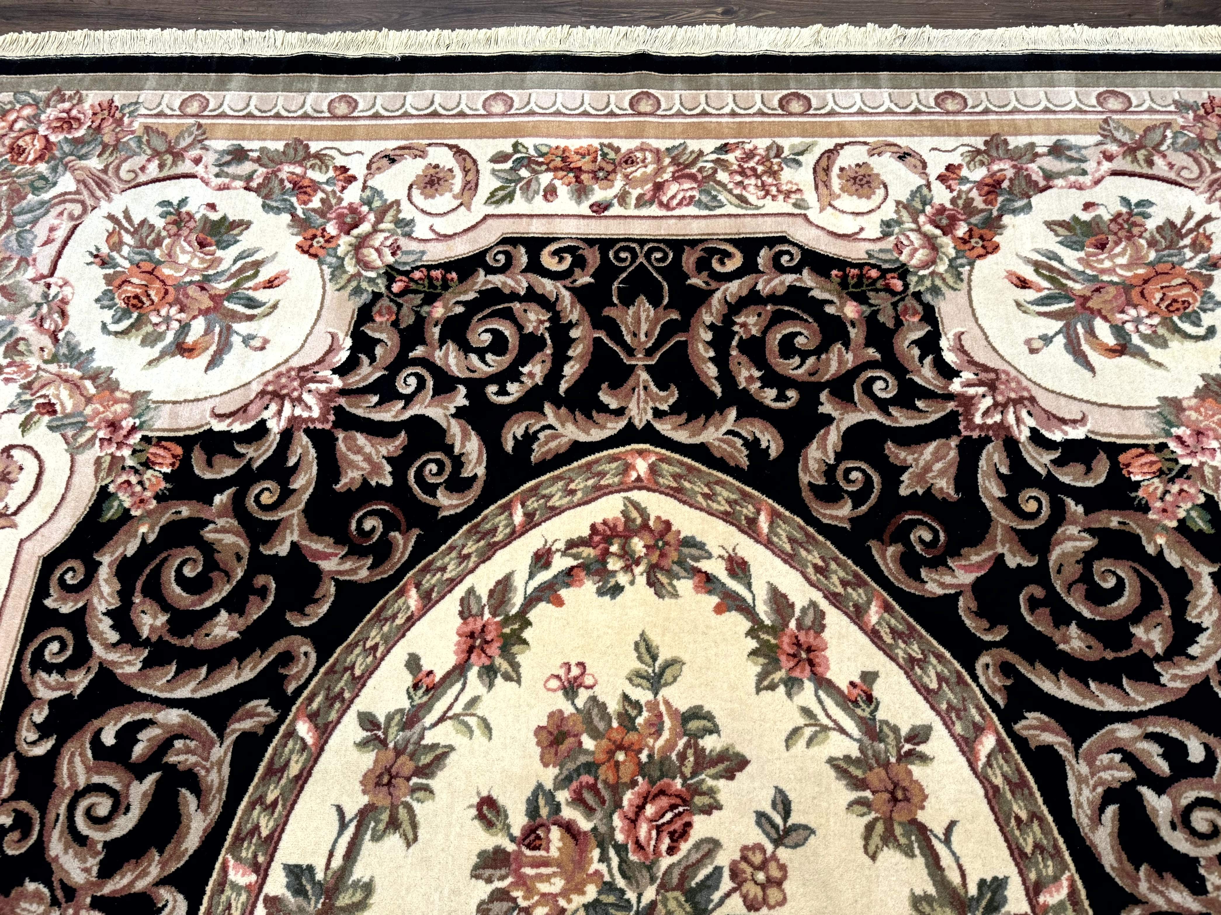 Aubusson Rug 8x10 – Black and Ivory, Hand-Knotted Wool, Vintage Carpet - Jewel Rugs