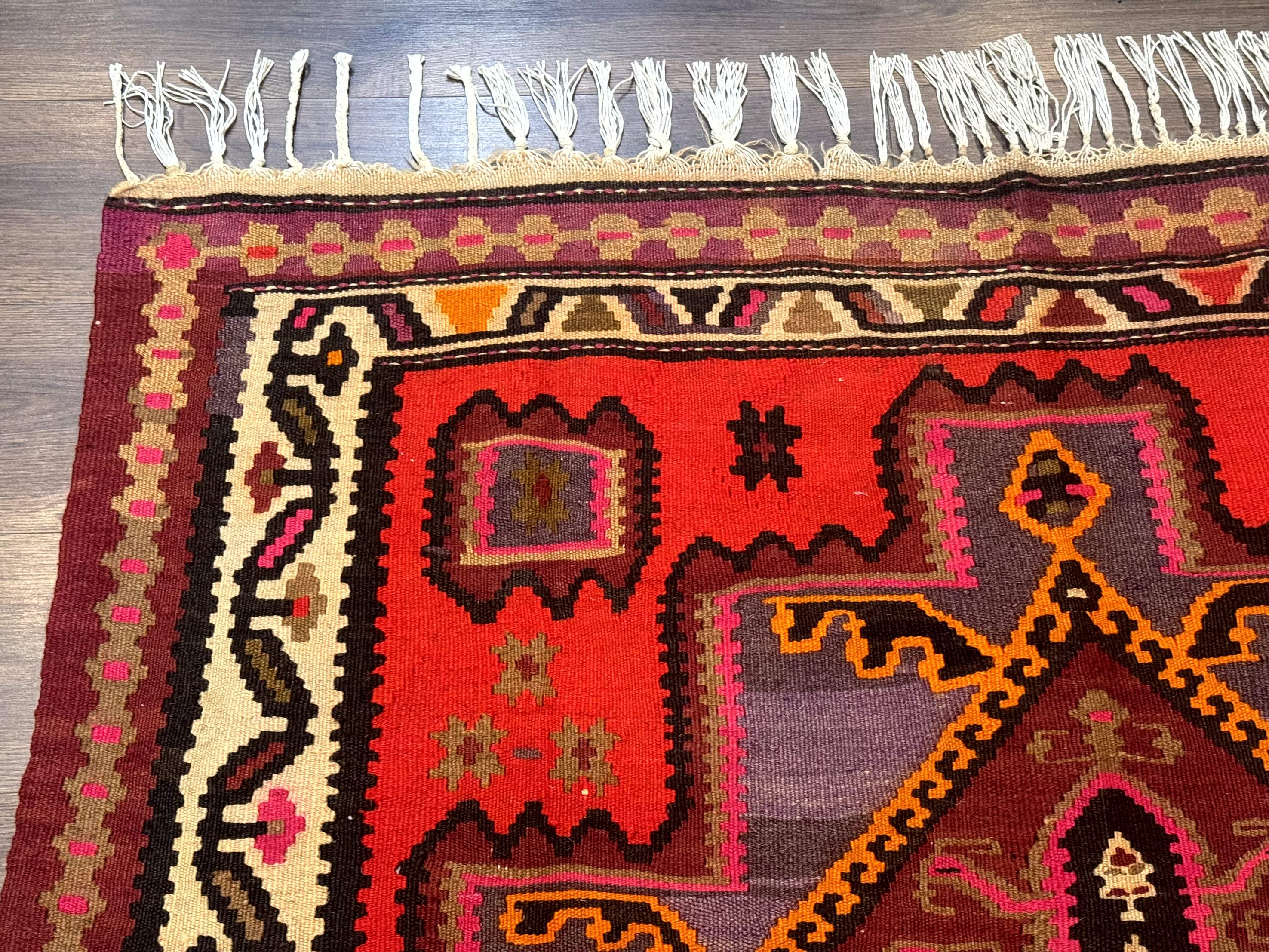 Persian Kurdish Zarand Kilim Rug 5x9, Red, Geometric Medallions, Wide Runner - Jewel Rugs