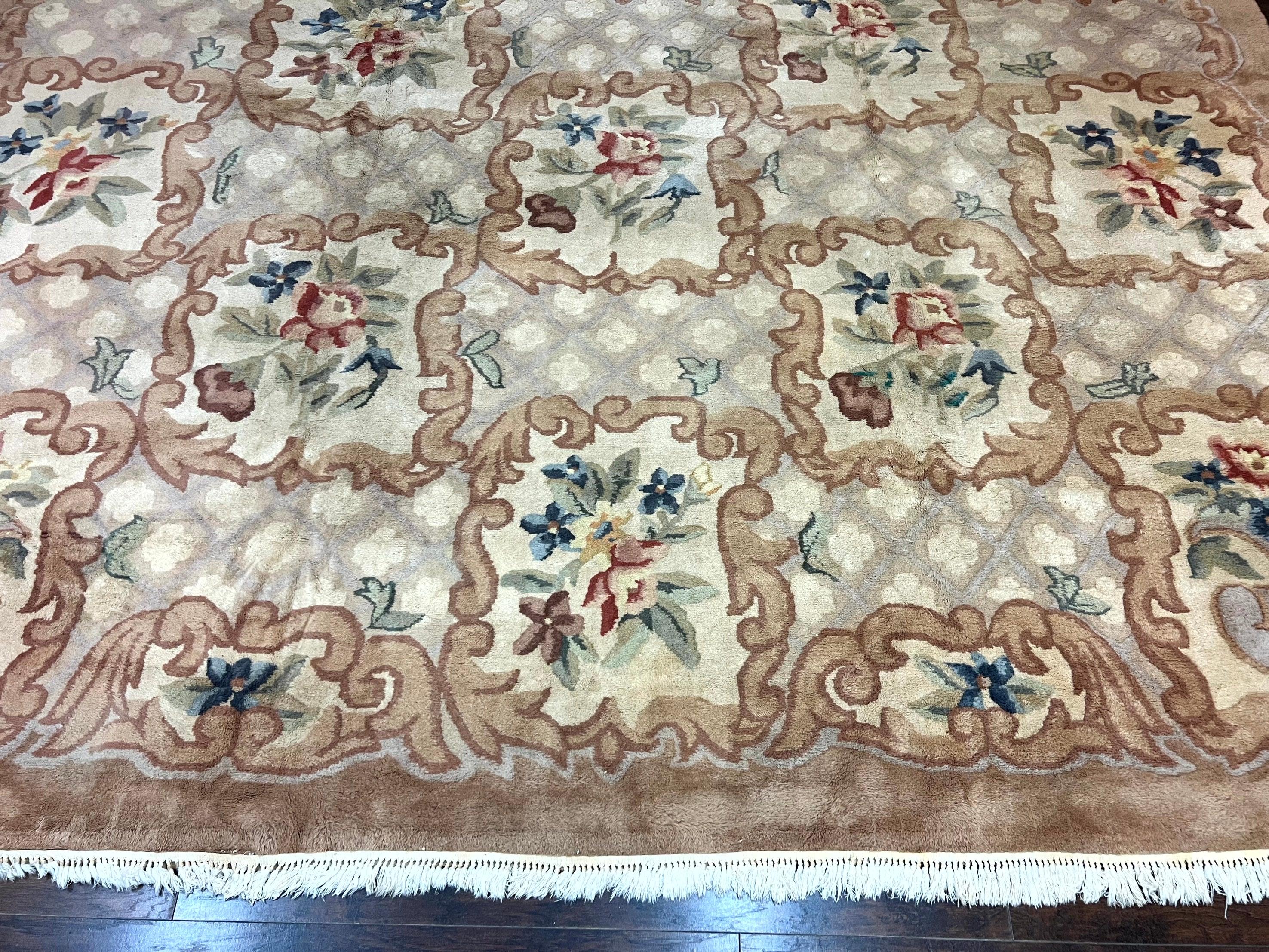 Indo Chinese Aubusson Wool Rug 11x16, Palace Sized Carpet, Oversized Handmade Vintage Rug, European Design - Jewel Rugs
