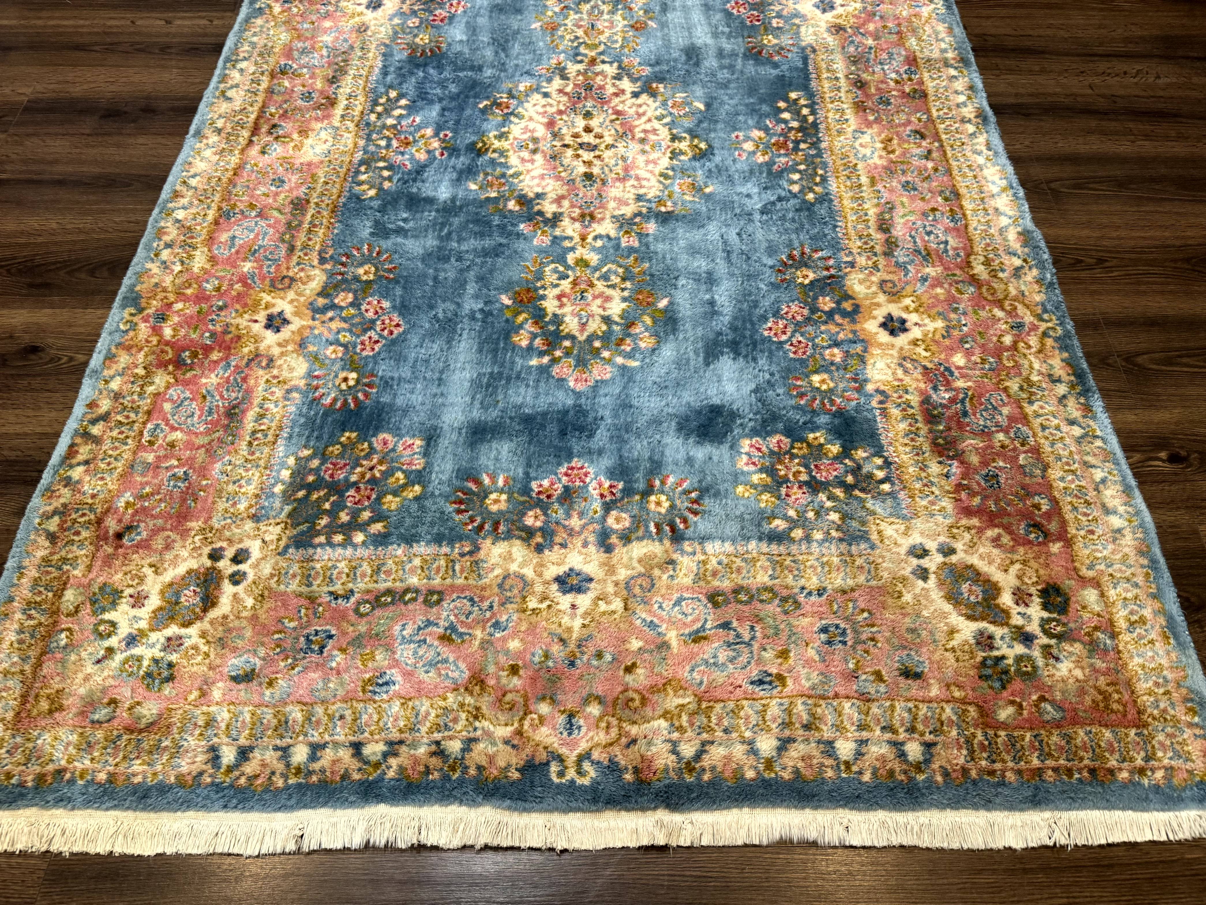 Persian Kerman Rug 5x8, Light Blue and Pink, Semi Open Field, Pastel Colors - Jewel Rugs