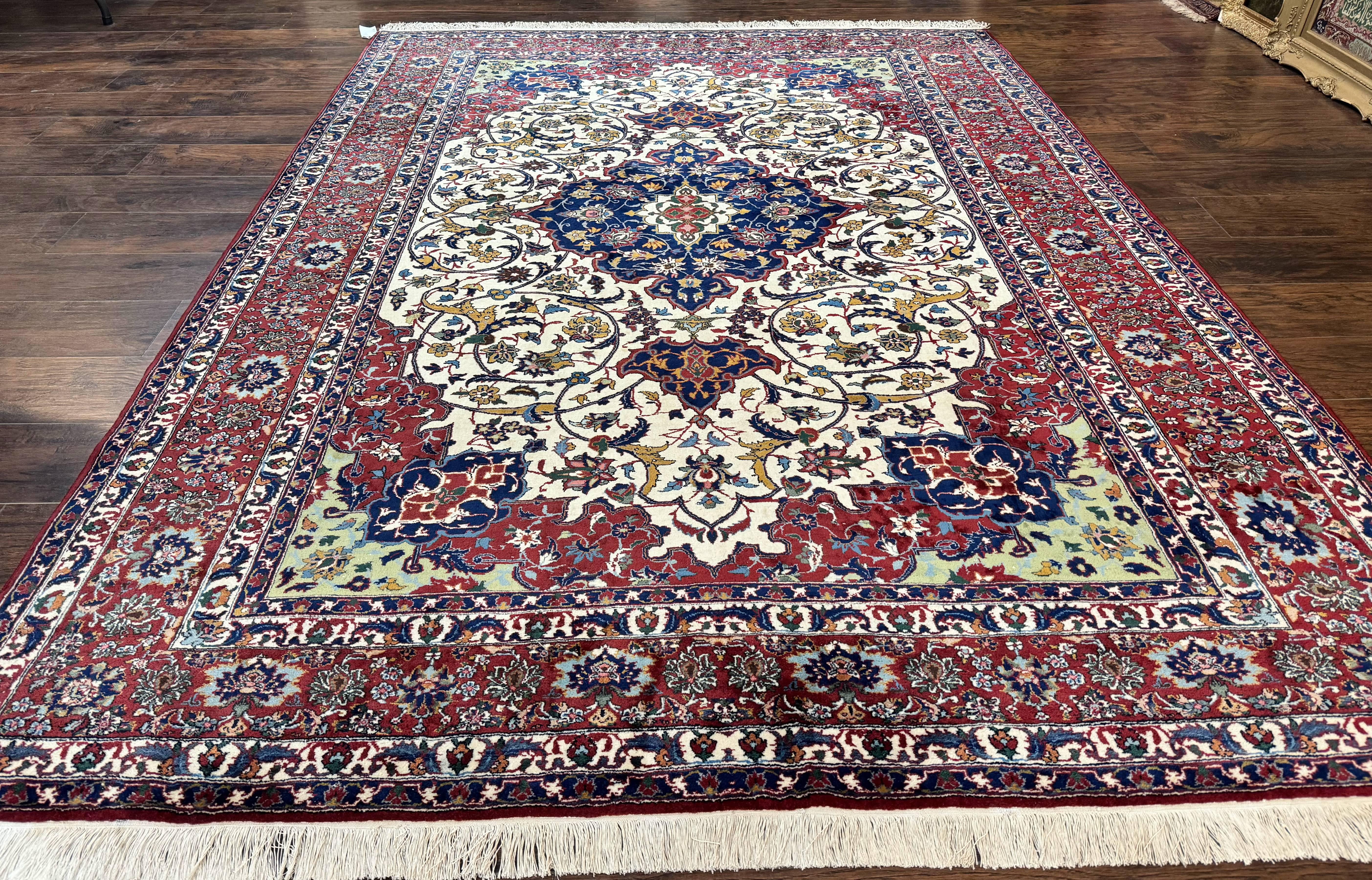 Wonderful Persian Isfahan Rug 7x9, Ivory Navy Blue Red, Floral Medallion, Very Finely Hand Knotted 260 KPSI, Handmade Wool Vintage Rug - Jewel Rugs