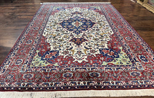 Wonderful Persian Isfahan Rug 7x9, Ivory Navy Blue Red, Floral Medallion, Very Finely Hand Knotted 260 KPSI, Handmade Wool Vintage Rug