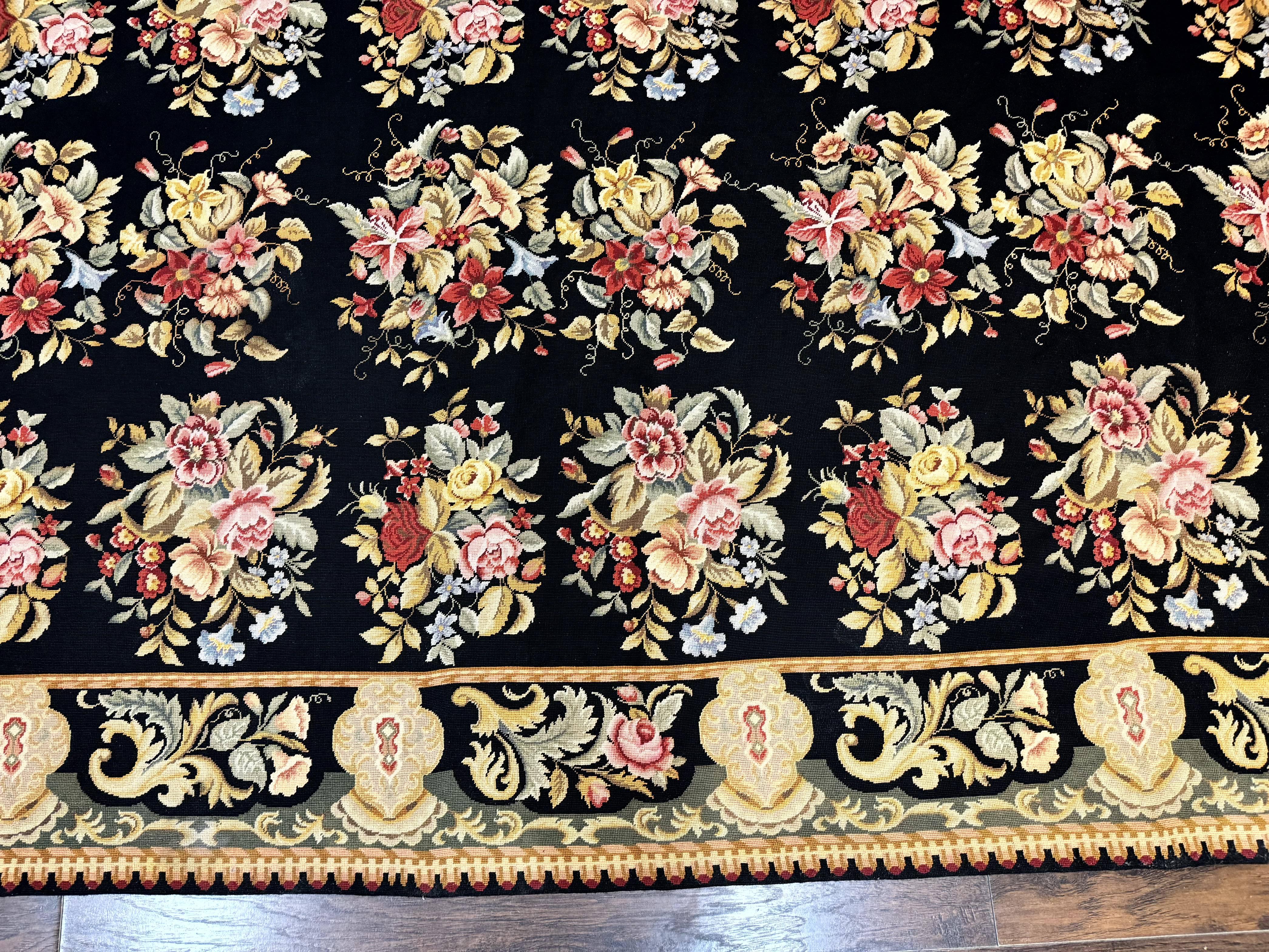 Palace Size Needlepoint Rug 12x16, Black and Colorful, Floral Panel, Handmade Oversized Wool Needlepoint Carpet, Rare - Jewel Rugs