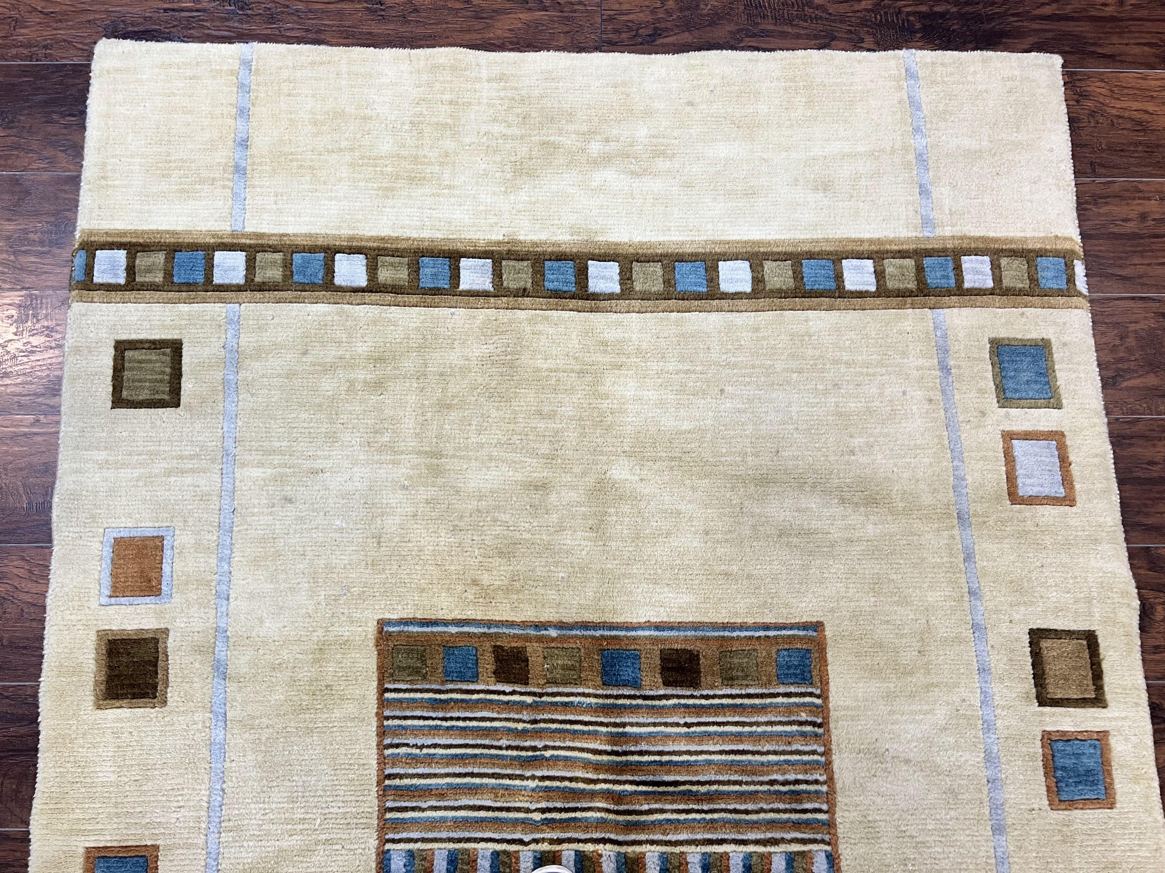 Tibetan Rug 5x8, Contemporary Rug 5 x 8 ft, Cream Brown Blue Hand-Knotted Wool w/ Silk Highlights Tibetan Carpet, Modern Rug - Jewel Rugs