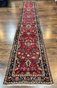 Long Persian Runner Rug 2.8 x 17.5, Red and Navy Blue Floral Hand Knotted Hallway Carpet, Handmade Vintage Semi Antique Oriental Rug, Persian Hamedan Runner