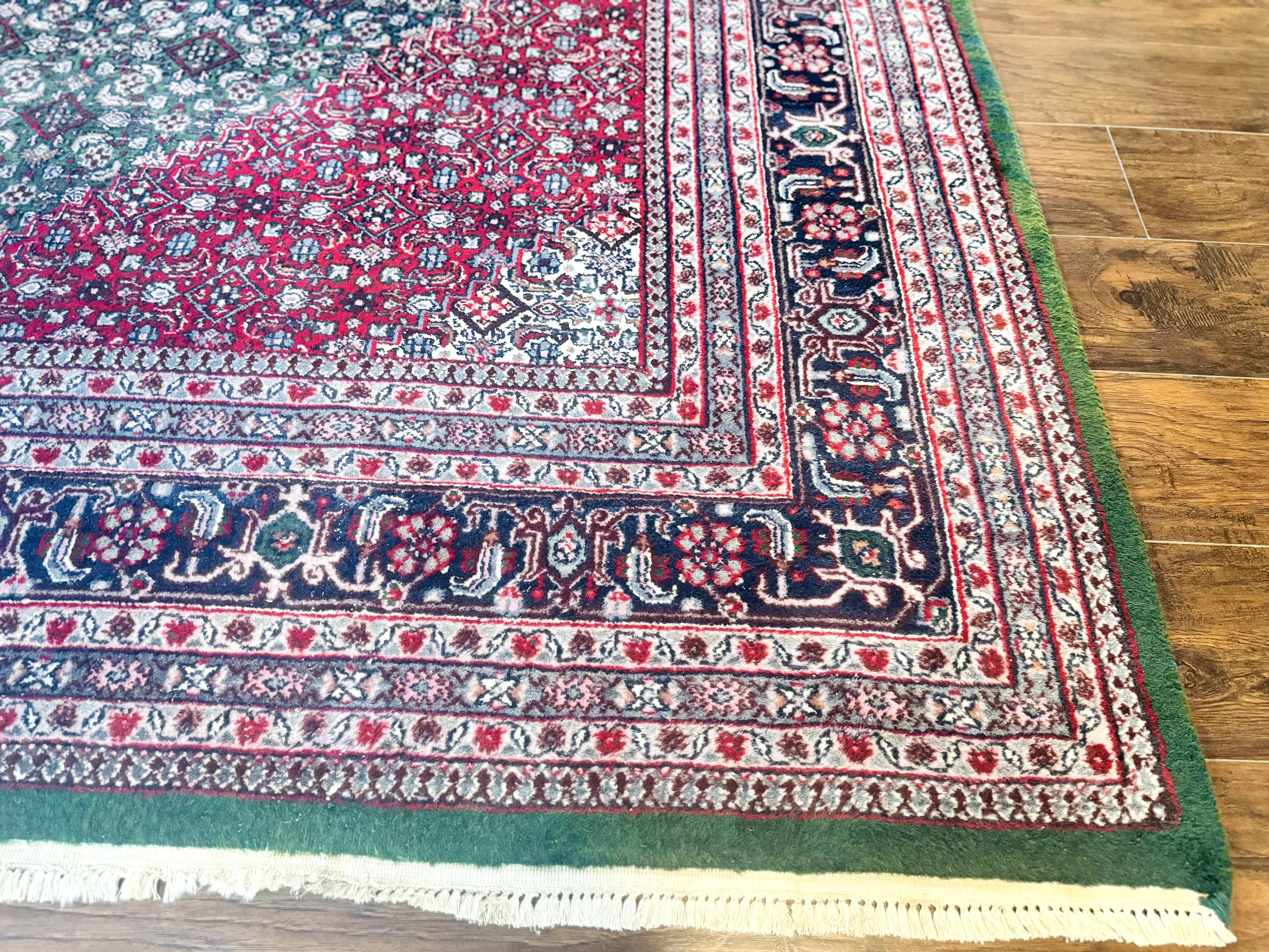 Indo Persian Bidjar Rug 8x11, Green and Red, Herati Pattern, Vintage Handmade Wool Oriental Carpet - Jewel Rugs