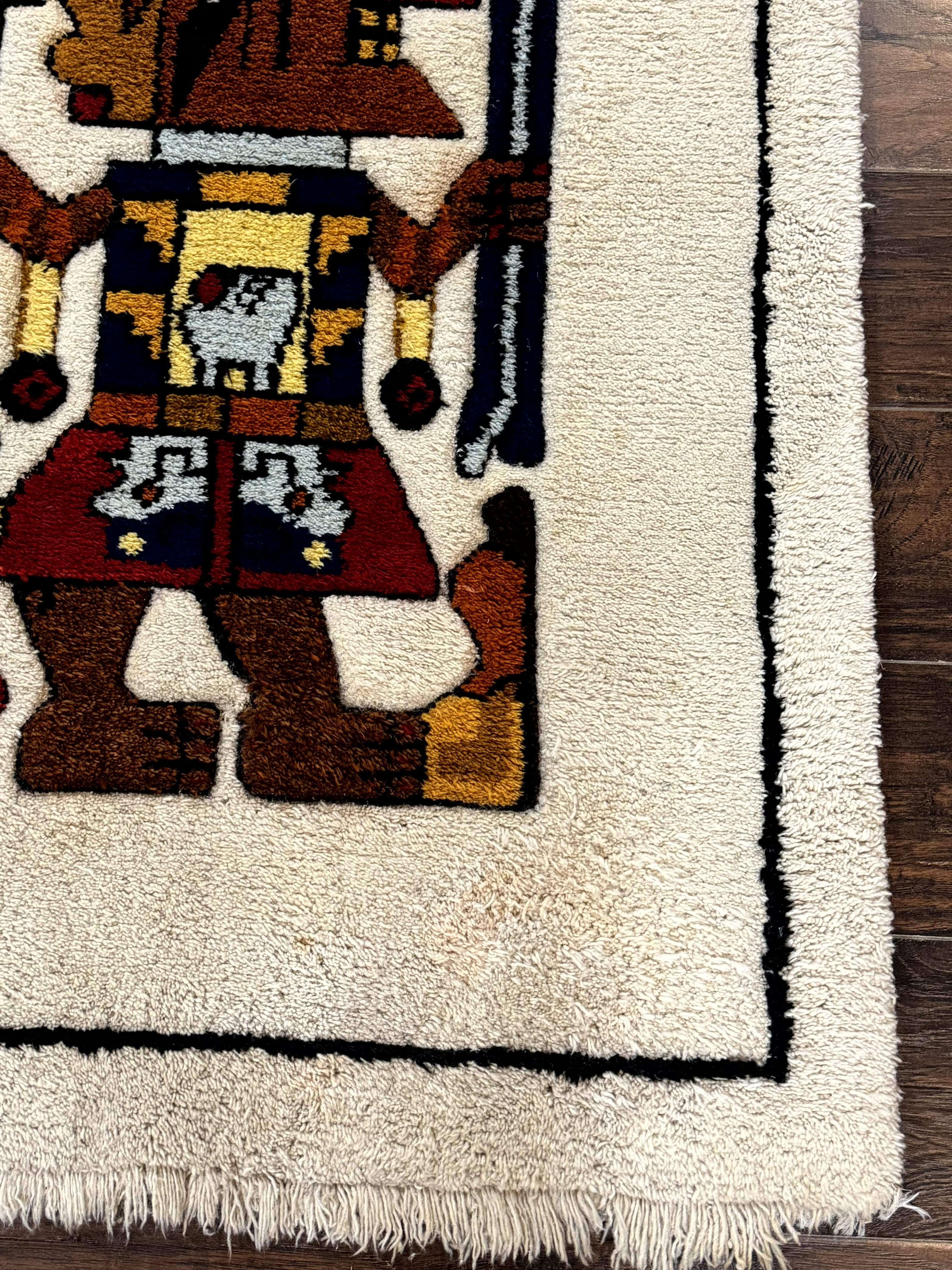 South American Shag Rug 3x5 – Ivory, Pictorial, Vintage Peruvian Native American Wool Rug - Jewel Rugs