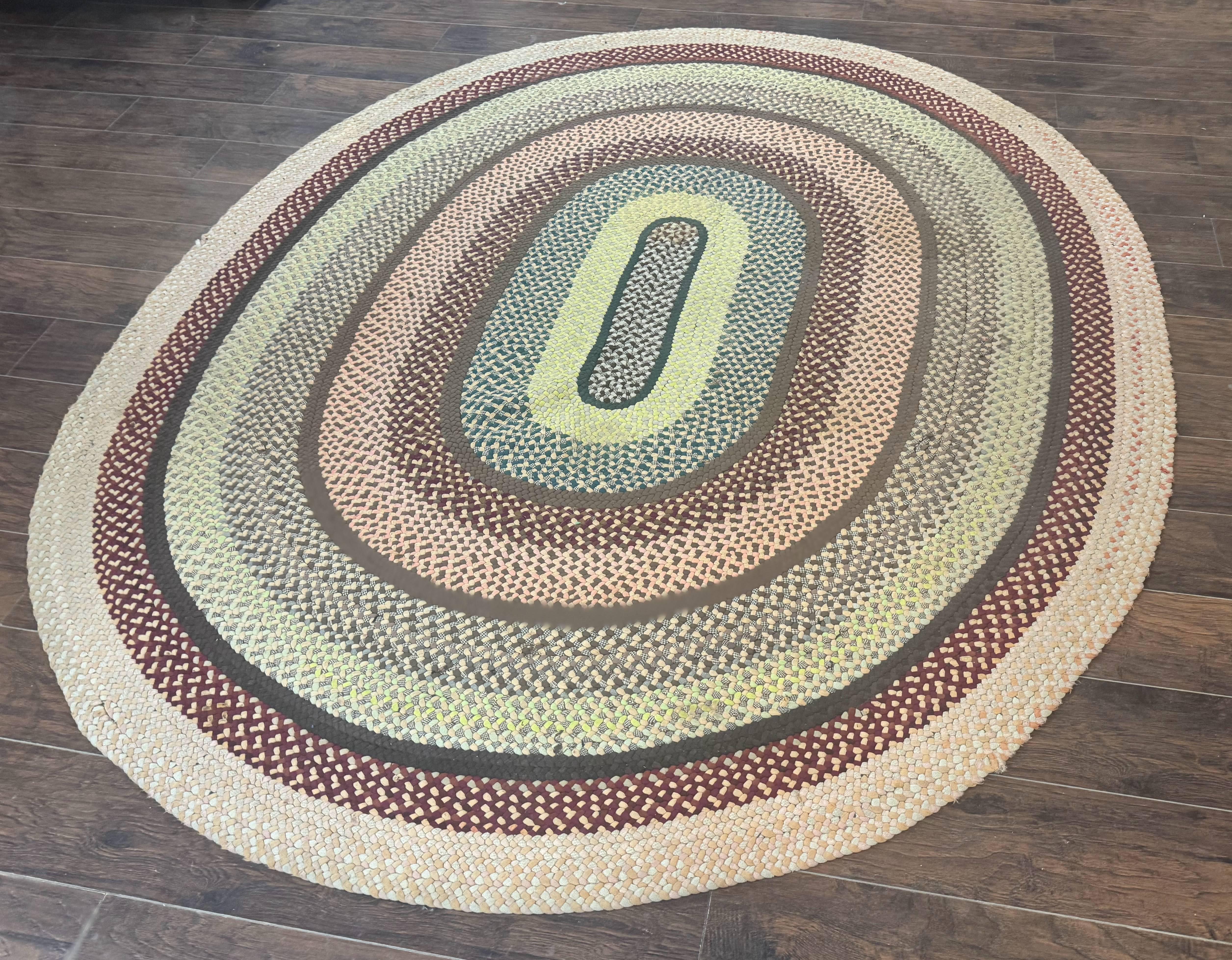 American Oval Braided Rug 7.5 x 9, Vintage Hand Braided Multicolor Large Oval Carpet - Jewel Rugs