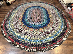 Large American Braided Rug 10x13, Colorful Wool Hand Braided Vintage Mid Century Braided Carpet, Large Multicolor Oval Braided Rug 10 x 13