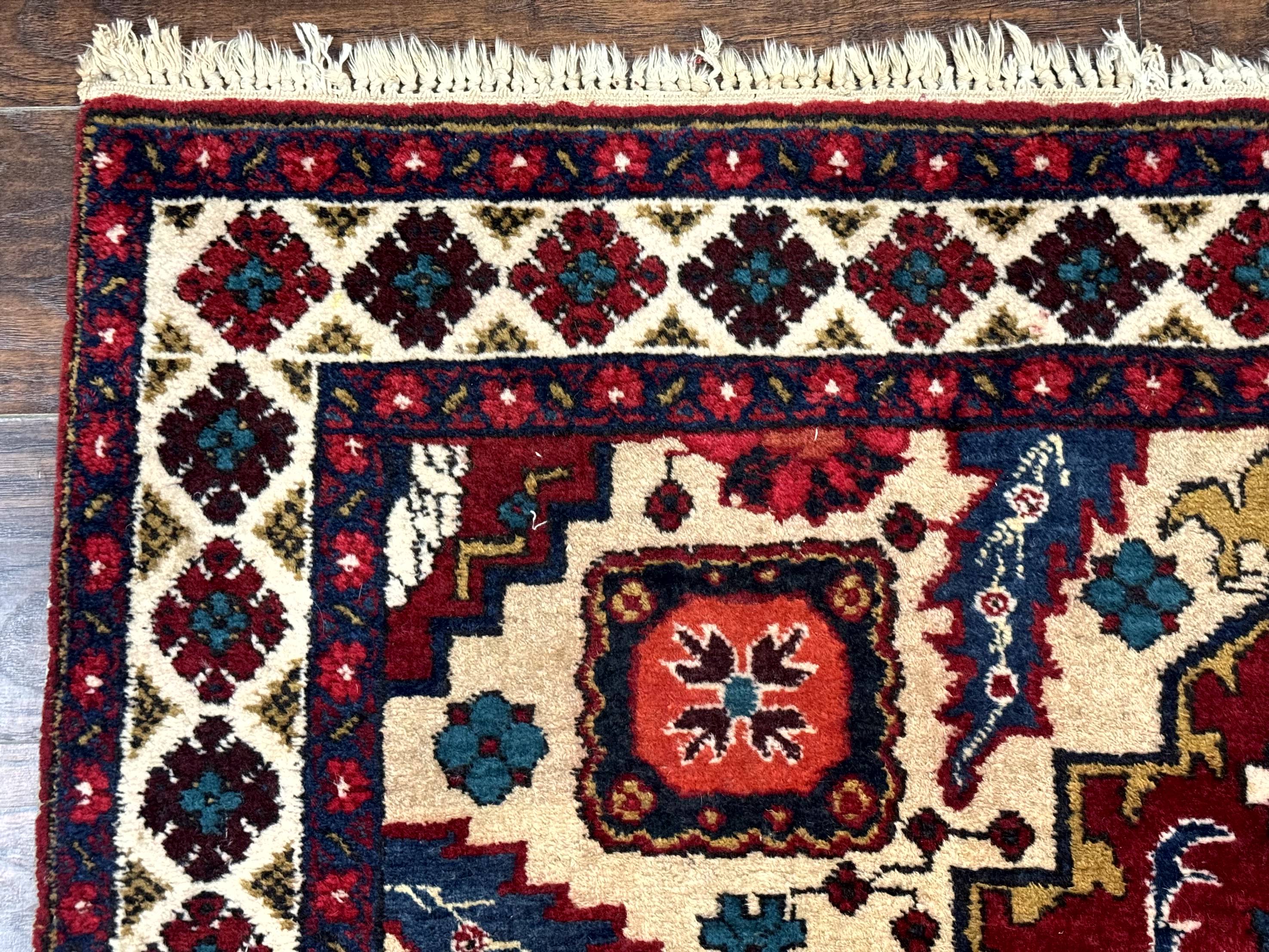 Persian Bakhtiari Rug 4.8 x 11, Wide Tribal Runner, Red Ivory and Blue, Vibrant Colors, Antique, Wool, Rare - Jewel Rugs