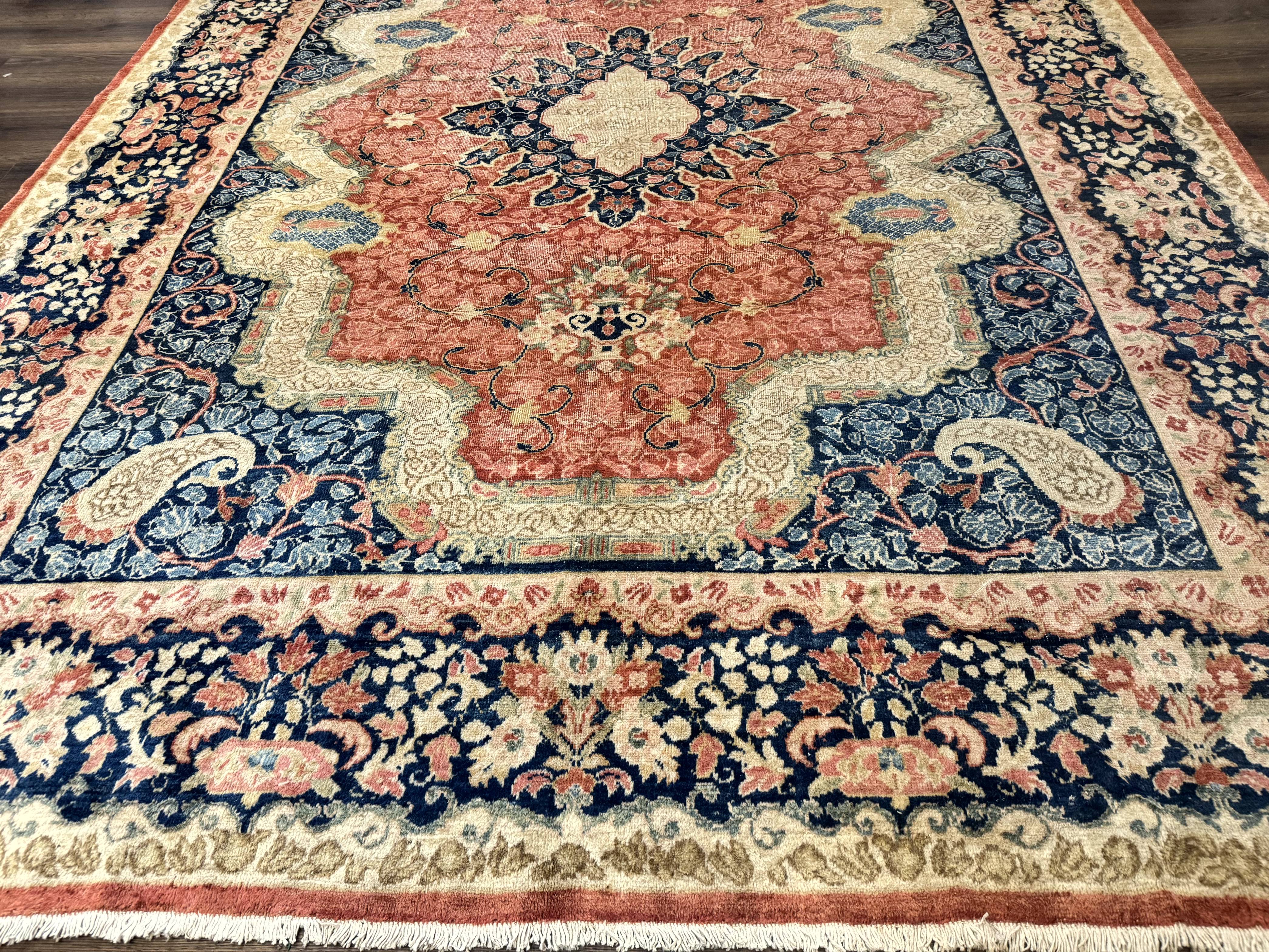 Antique Persian Sarouk Rug 9x12, Boteh Paisleys, Light Red Navy Blue - Jewel Rugs
