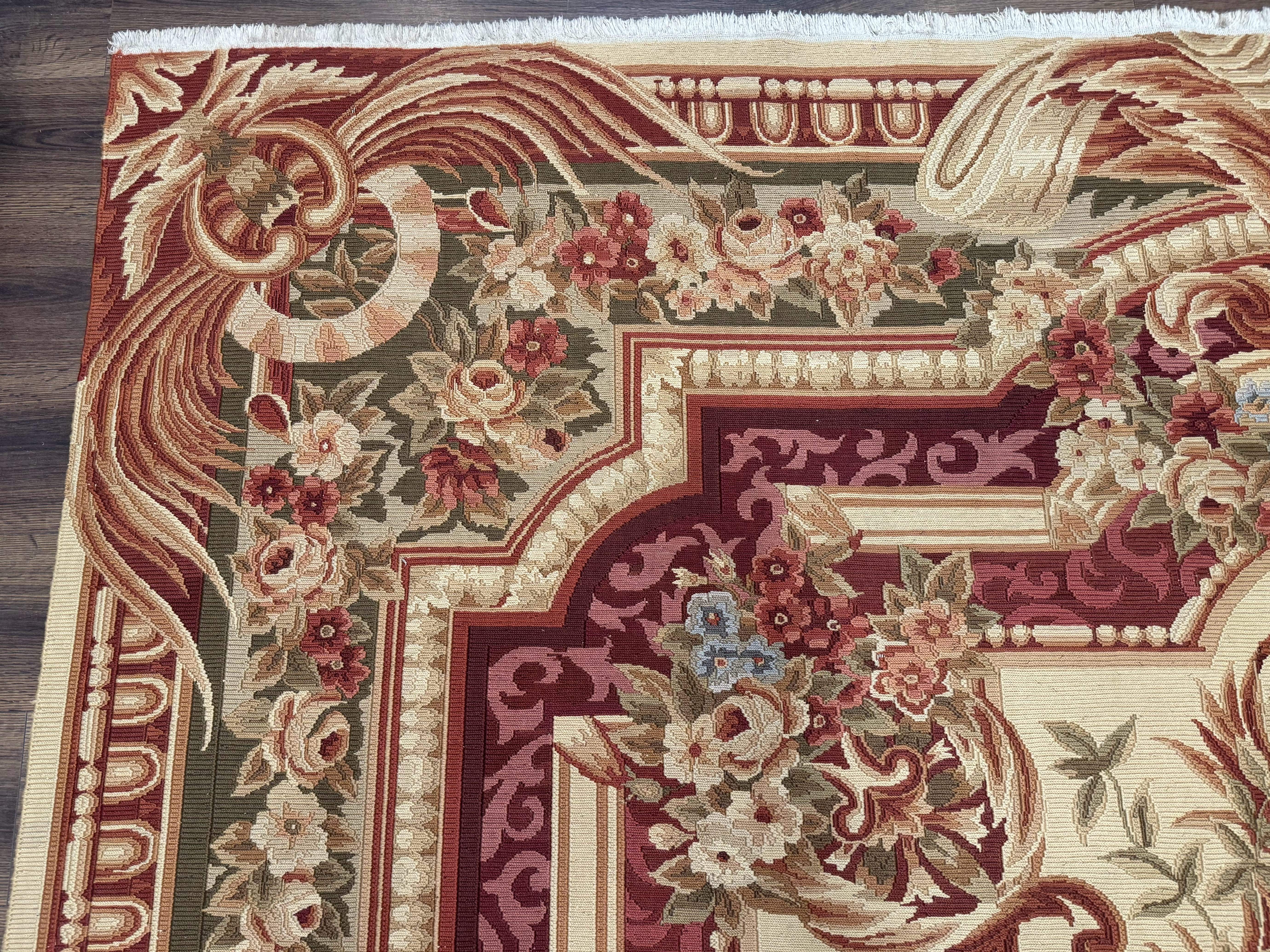 Large Aubusson Rug 10x13, Thick Flatweave Carpet, Elegant European Design, Cream and Raspberry - Jewel Rugs